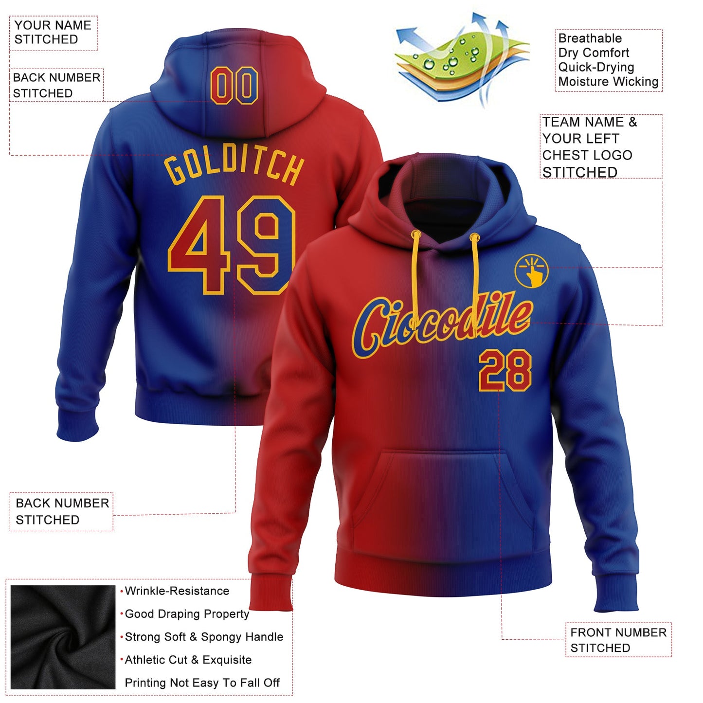 Custom Stitched Royal Red-Gold Gradient Fashion Sports Pullover Sweatshirt Hoodie view 2