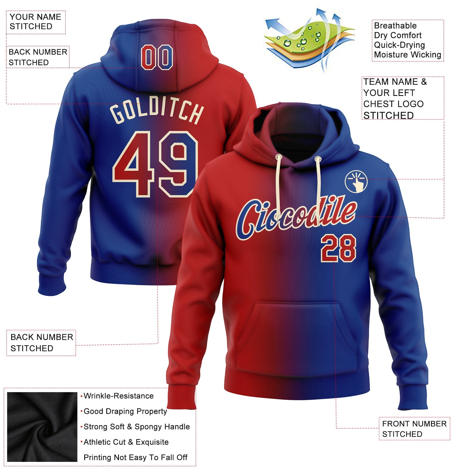 Custom Stitched Royal Red-Cream Gradient Fashion Sports Pullover Sweatshirt Hoodie view 2