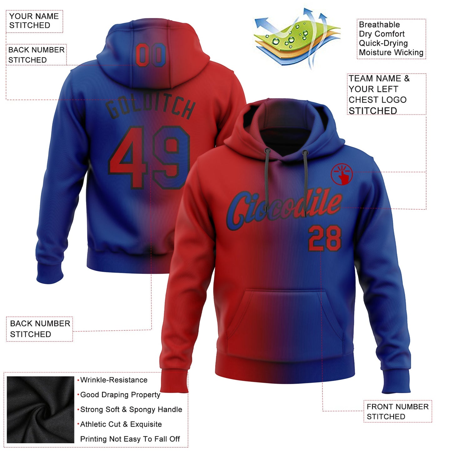 Custom Stitched Royal Red-Black Gradient Fashion Sports Pullover Sweatshirt Hoodie view 2