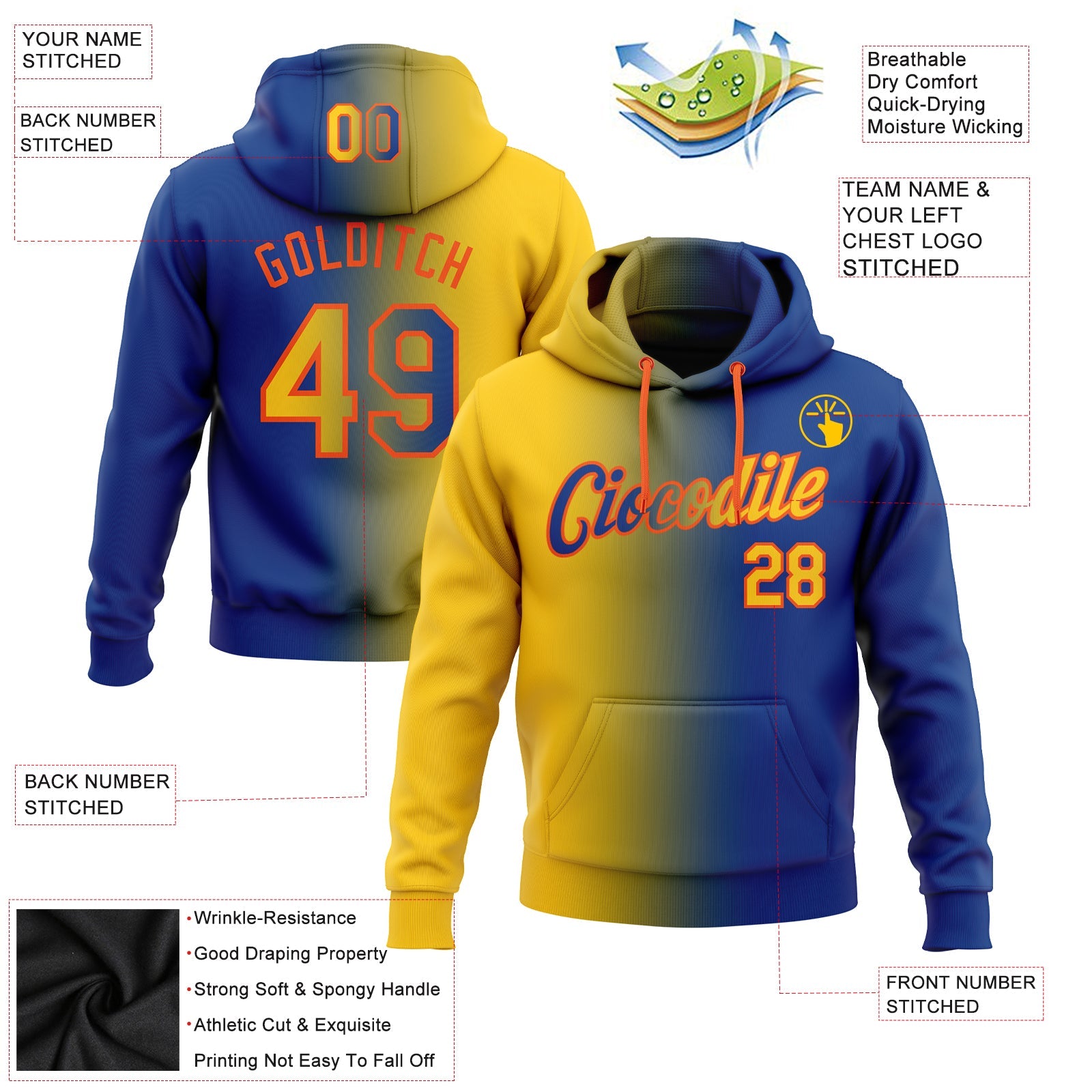 Custom Stitched Royal Yellow-Orange Gradient Fashion Sports Pullover Sweatshirt Hoodie view 2