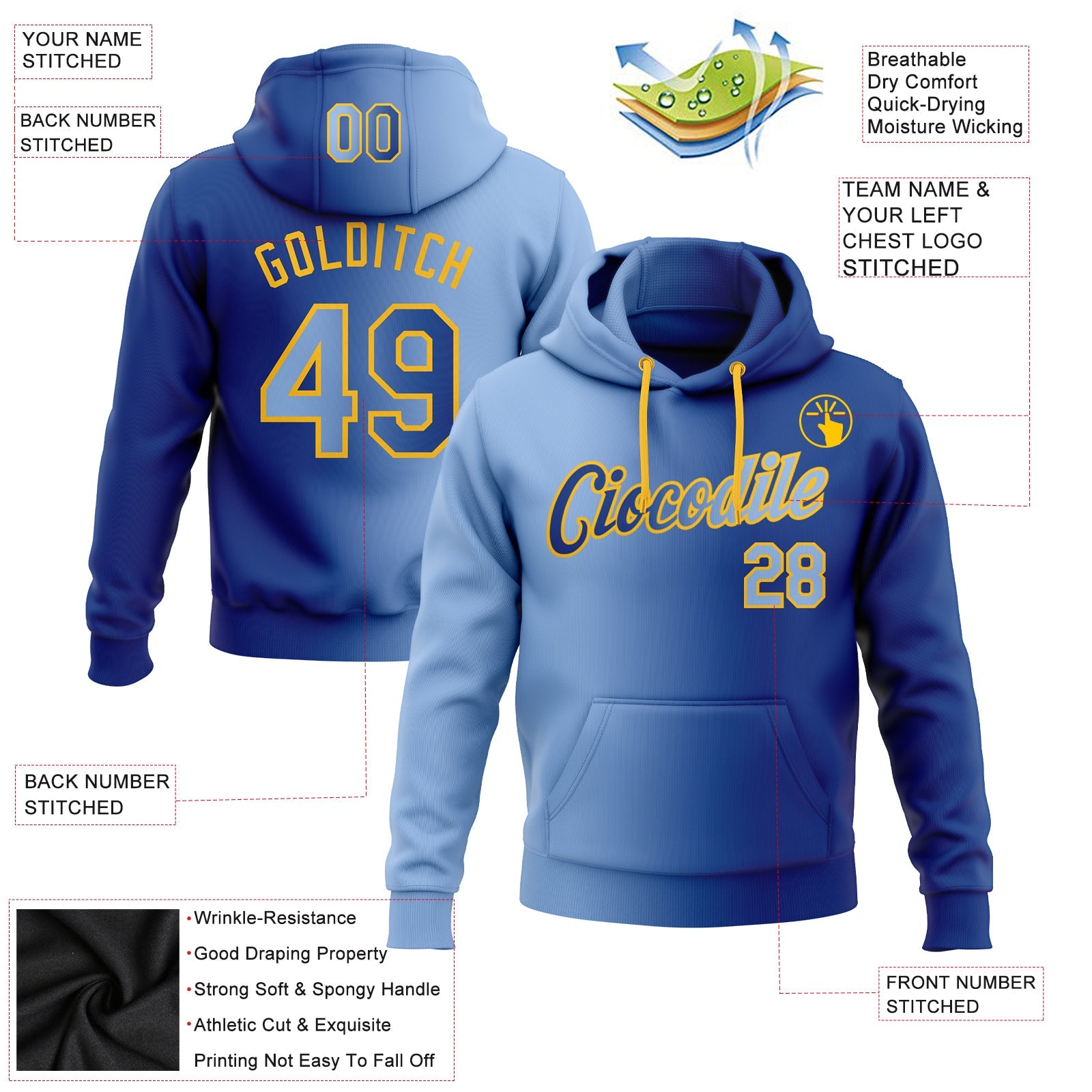 Custom Stitched Royal Light Blue-Gold Gradient Fashion Sports Pullover Sweatshirt Hoodie view 2