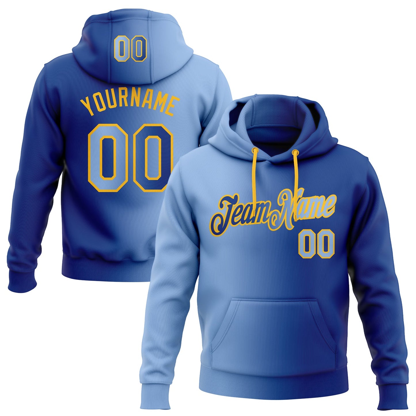 Custom Stitched Royal Light Blue-Gold Gradient Fashion Sports Pullover Sweatshirt Hoodie - Main View