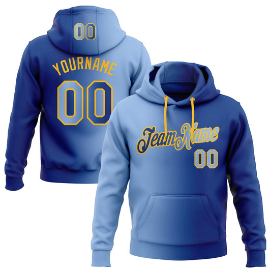 Custom Stitched Royal Light Blue-Gold Gradient Fashion Sports Pullover Sweatshirt Hoodie - Main View