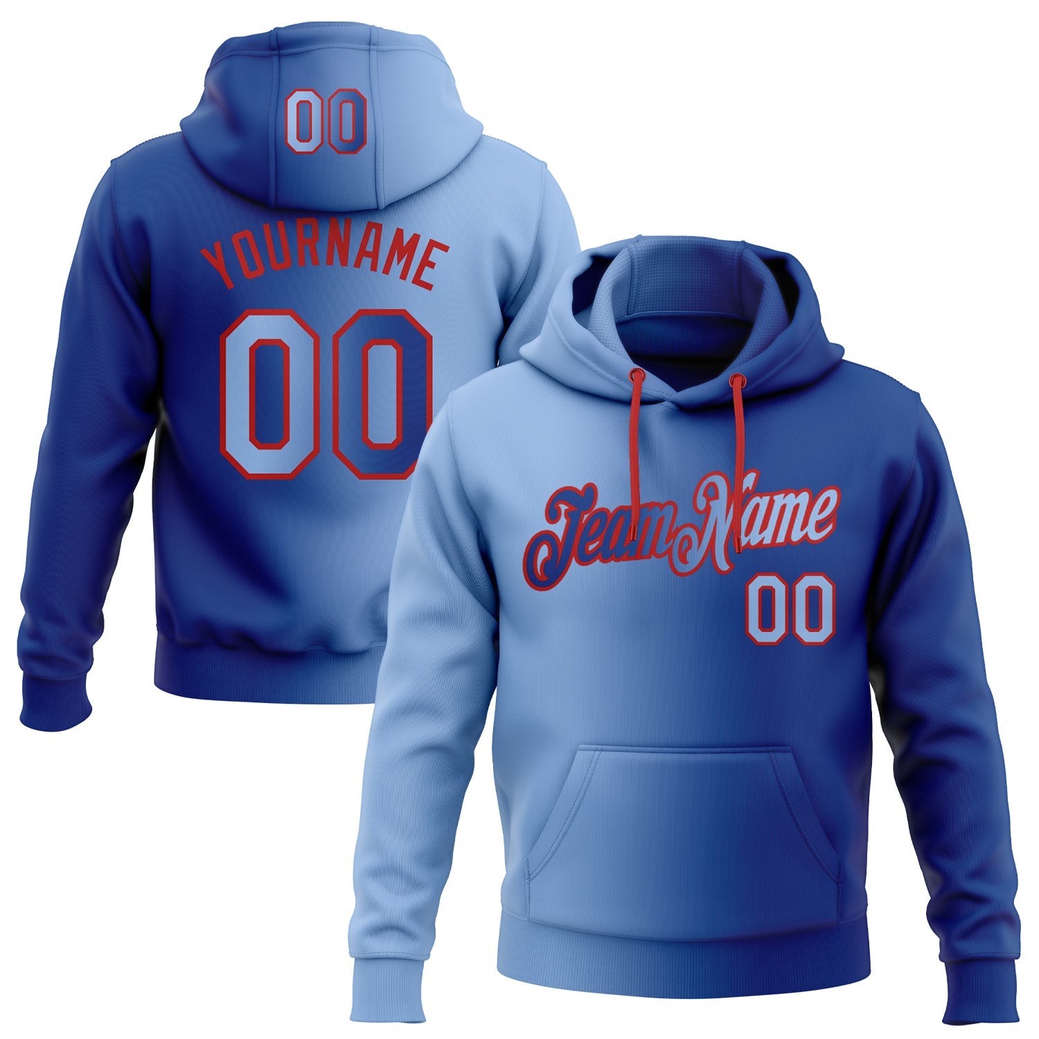 Custom Stitched Royal Light Blue-Red Gradient Fashion Sports Pullover Sweatshirt Hoodie - Main View