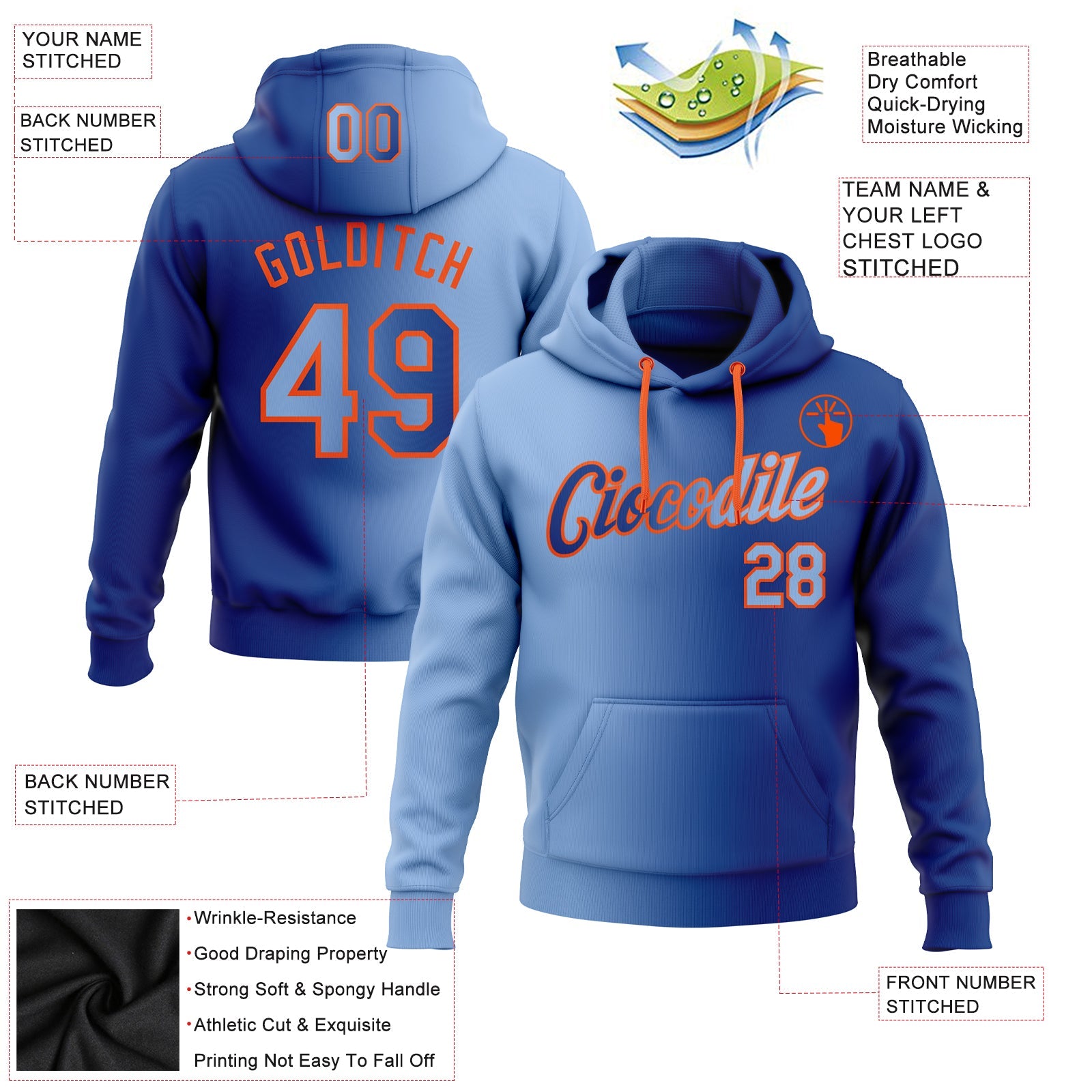 Custom Stitched Royal Light Blue-Orange Gradient Fashion Sports Pullover Sweatshirt Hoodie view 2