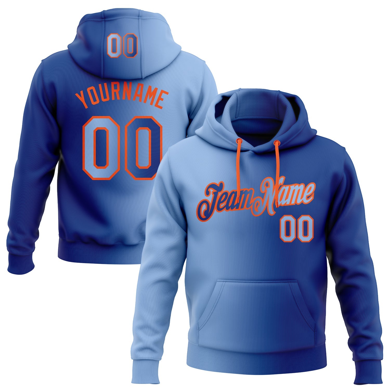 Custom Stitched Royal Light Blue-Orange Gradient Fashion Sports Pullover Sweatshirt Hoodie - Main View