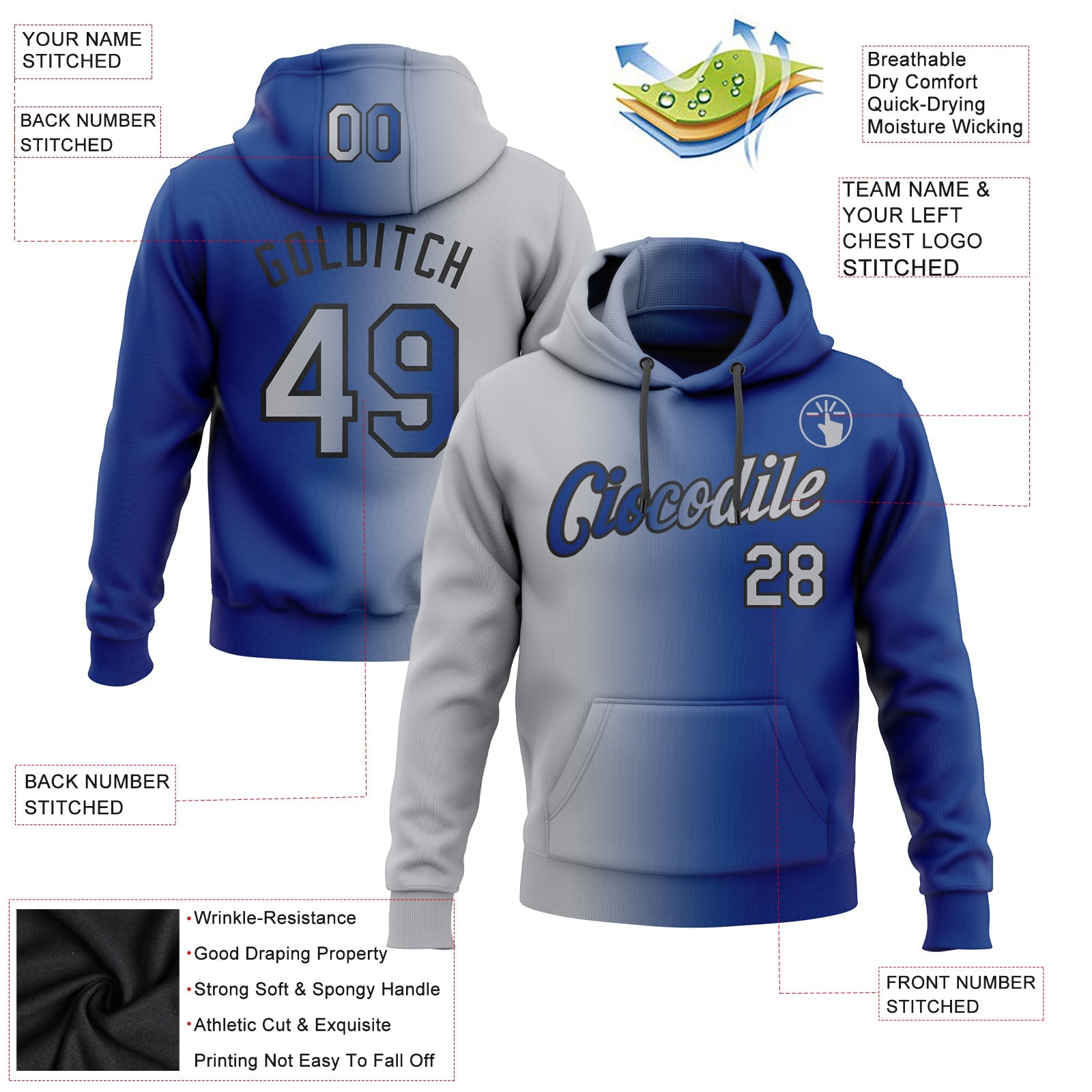 Custom Stitched Royal Gray-Black Gradient Fashion Sports Pullover Sweatshirt Hoodie view 2