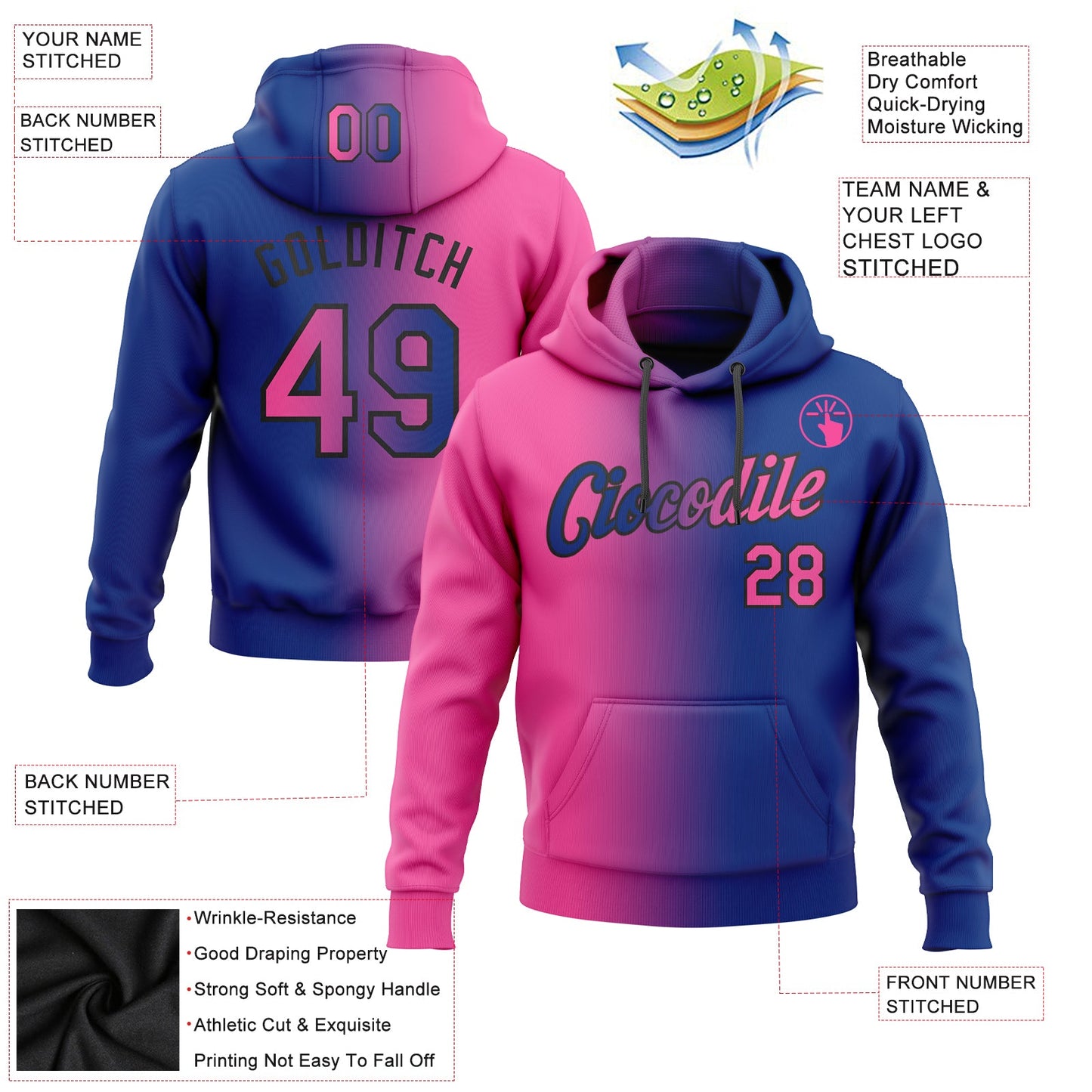 Custom Stitched Royal Pink-Black Gradient Fashion Sports Pullover Sweatshirt Hoodie view 2