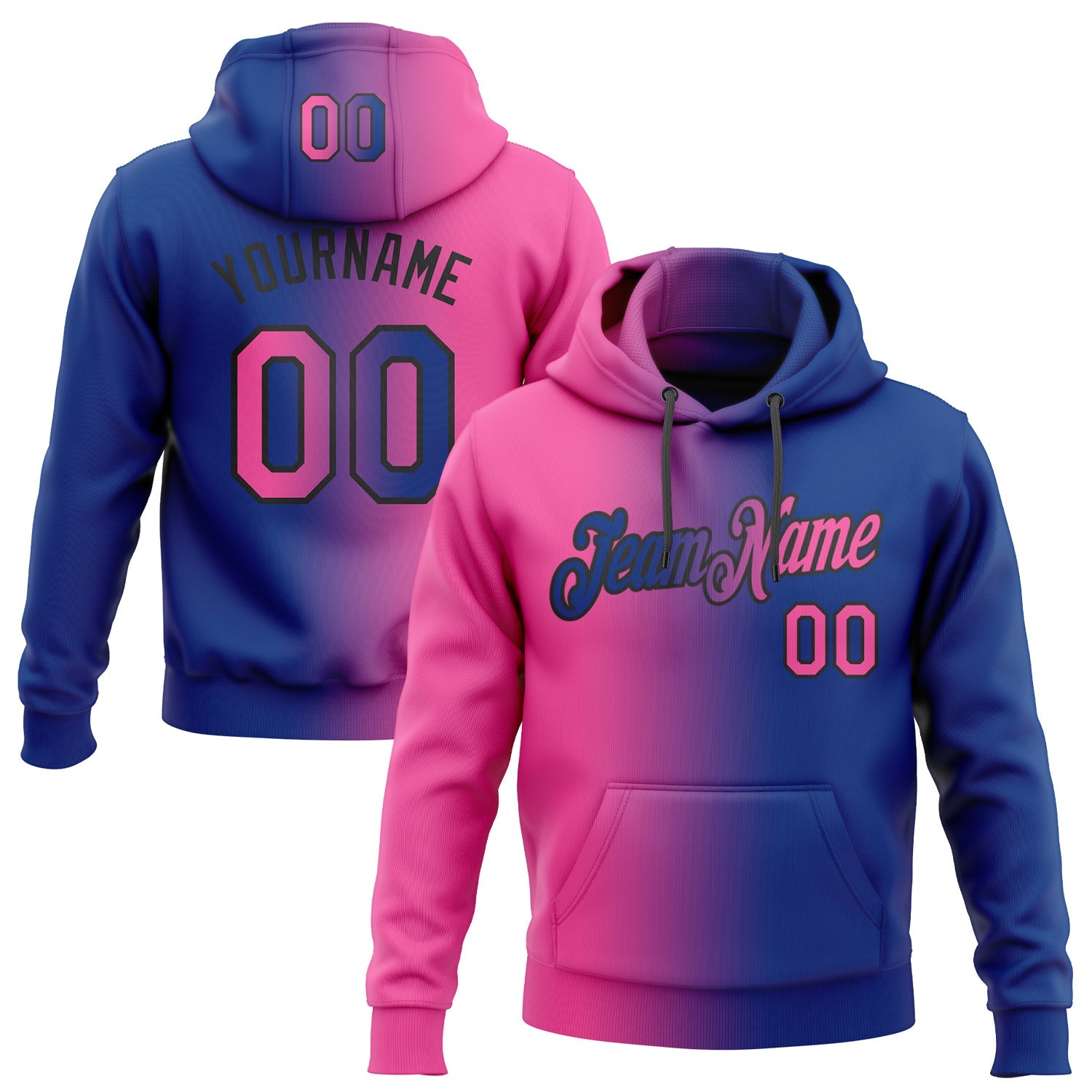 Custom Stitched Royal Pink-Black Gradient Fashion Sports Pullover Sweatshirt Hoodie - Main View