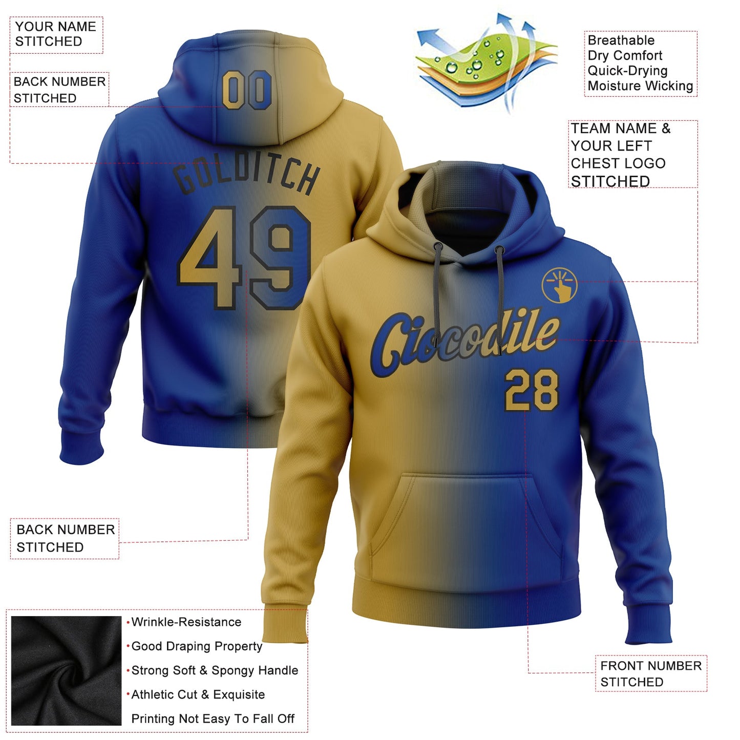 Custom Stitched Royal Old Gold-Black Gradient Fashion Sports Pullover Sweatshirt Hoodie view 2