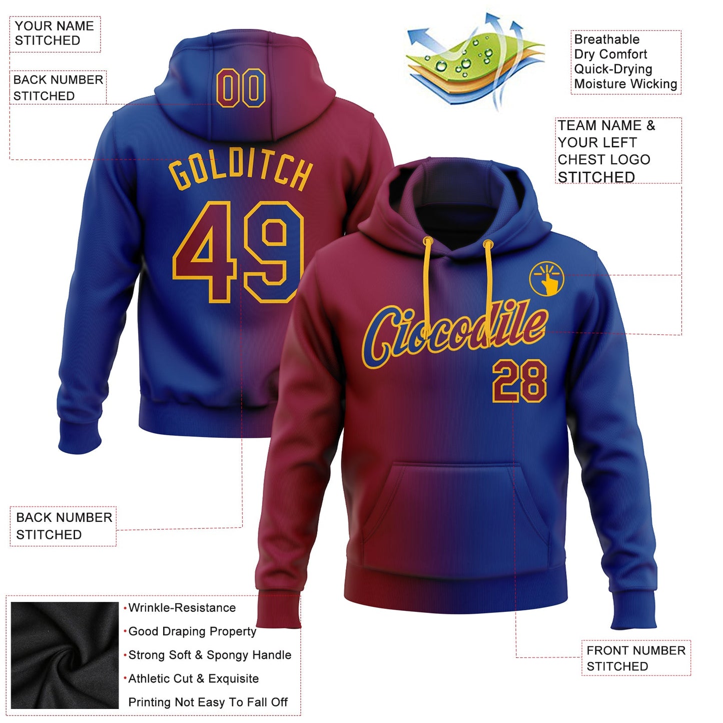 Custom Stitched Royal Maroon-Gold Gradient Fashion Sports Pullover Sweatshirt Hoodie view 2