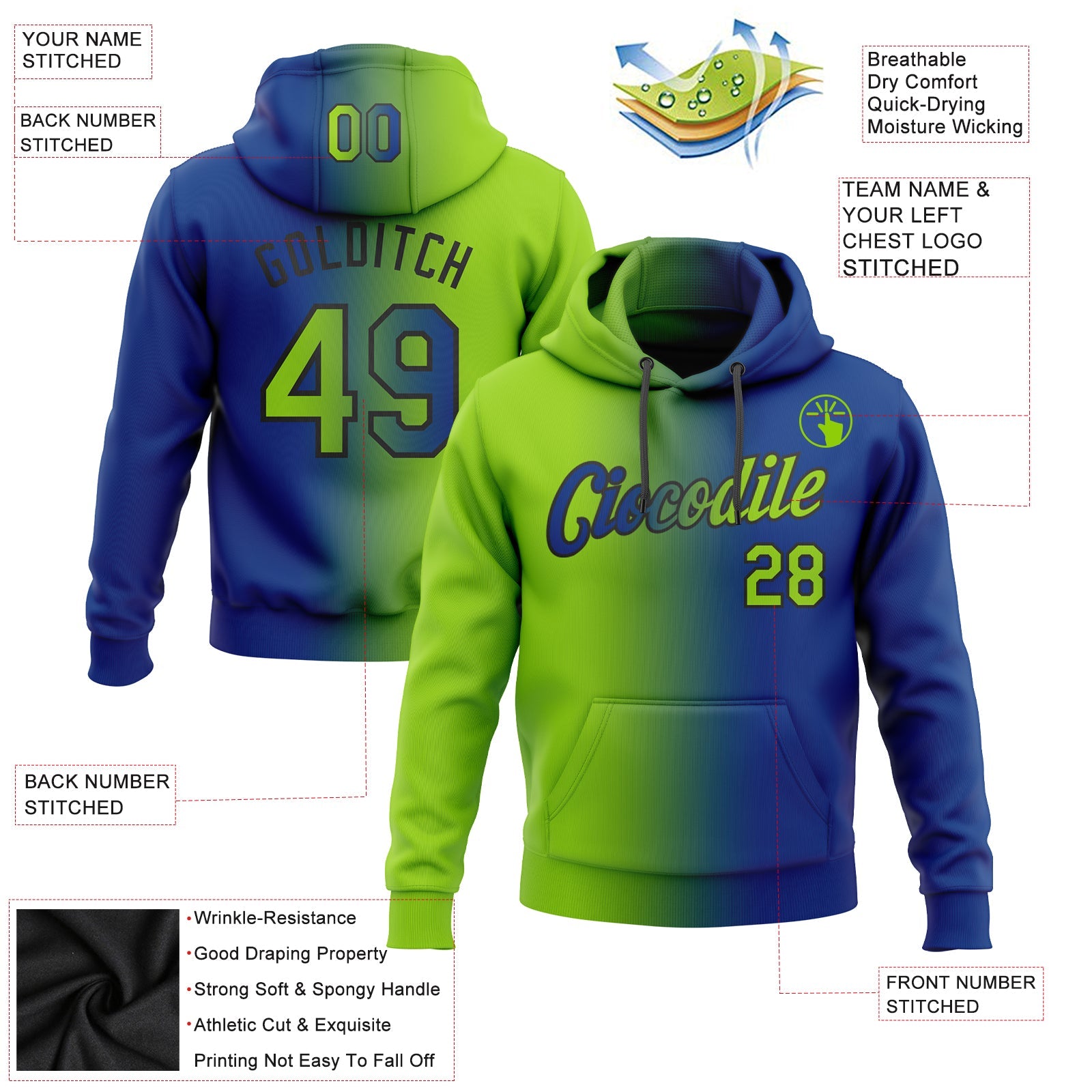 Custom Stitched Royal Neon Green-Black Gradient Fashion Sports Pullover Sweatshirt Hoodie view 2