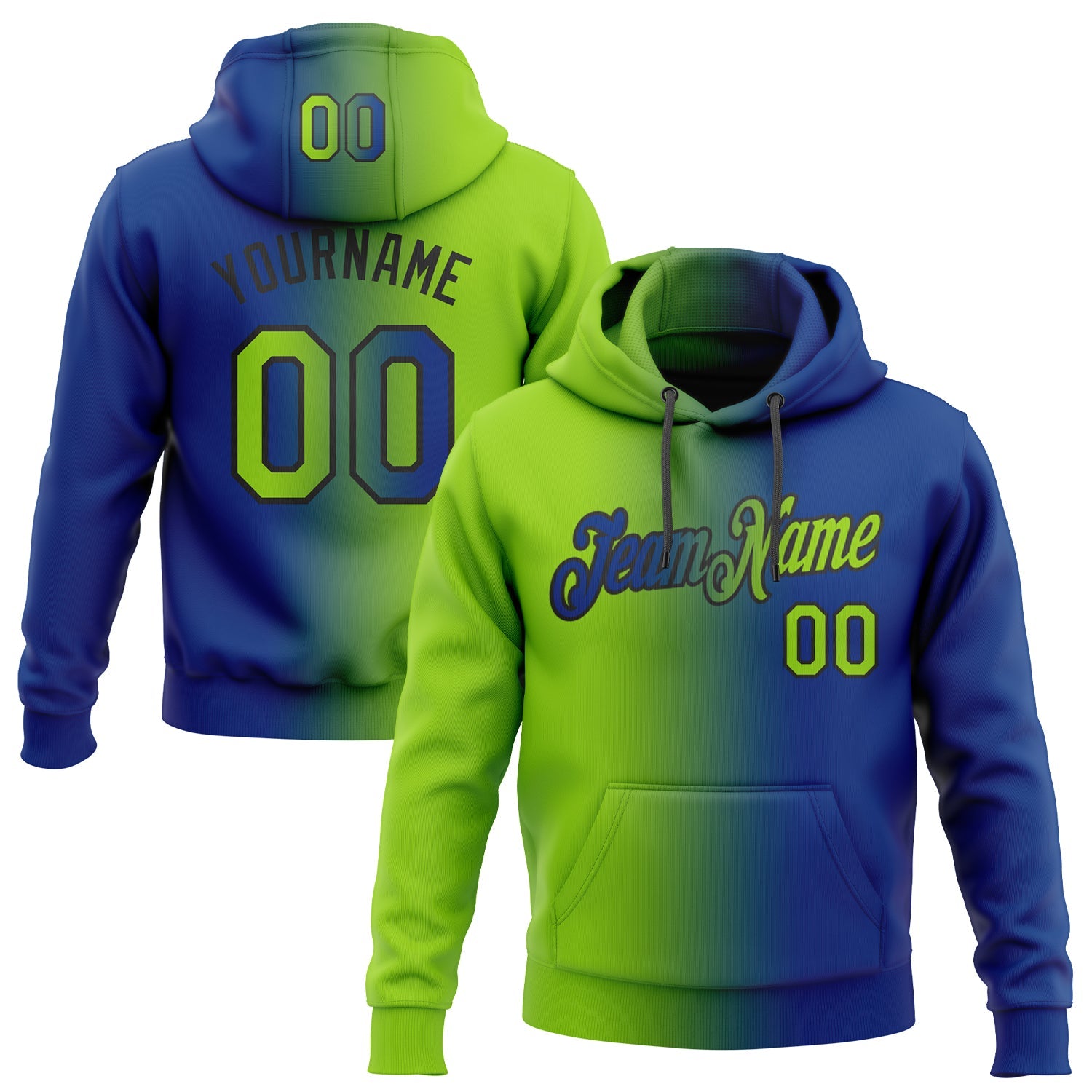 Custom Stitched Royal Neon Green-Black Gradient Fashion Sports Pullover Sweatshirt Hoodie - Main View