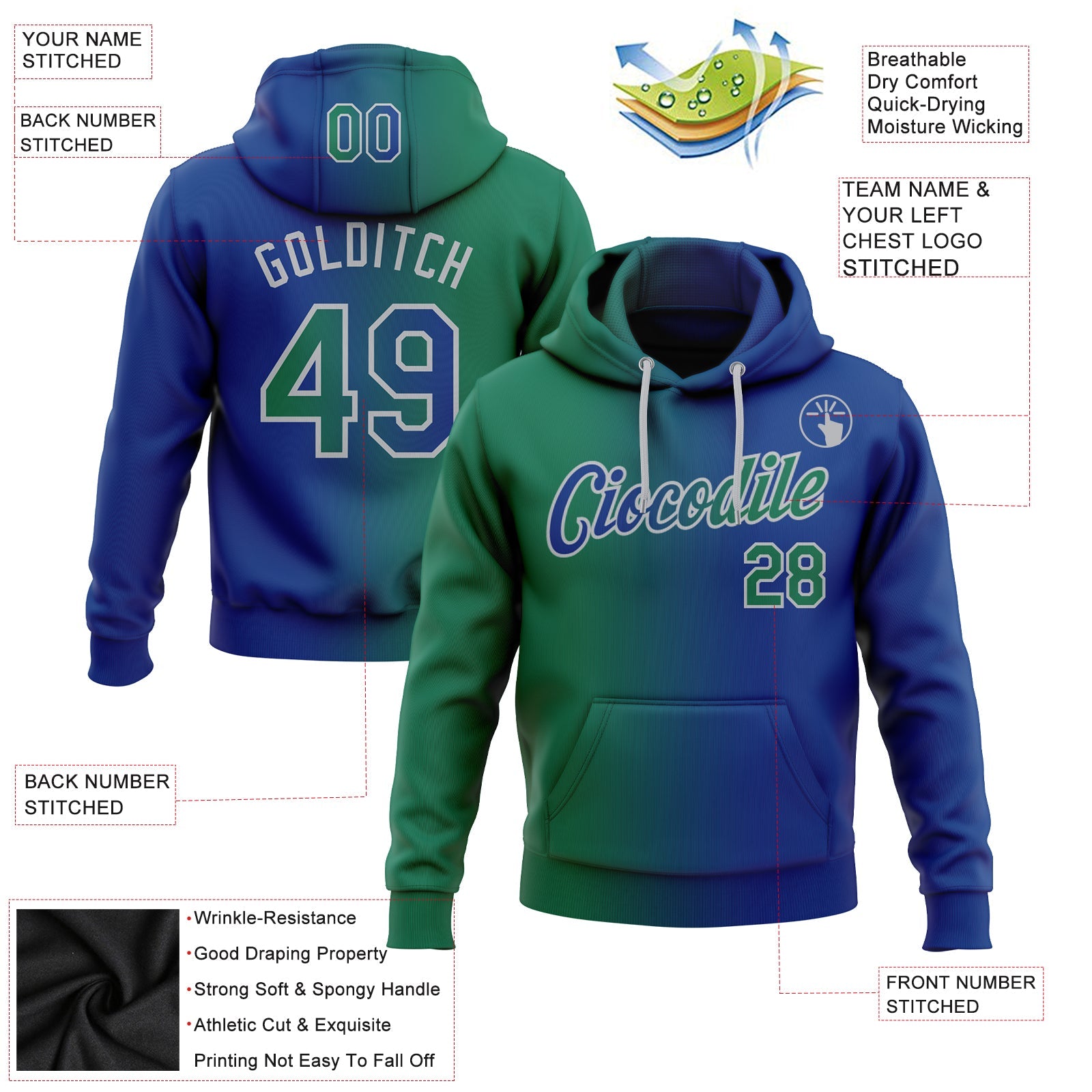 Custom Stitched Royal Kelly Green-Gray Gradient Fashion Sports Pullover Sweatshirt Hoodie view 2