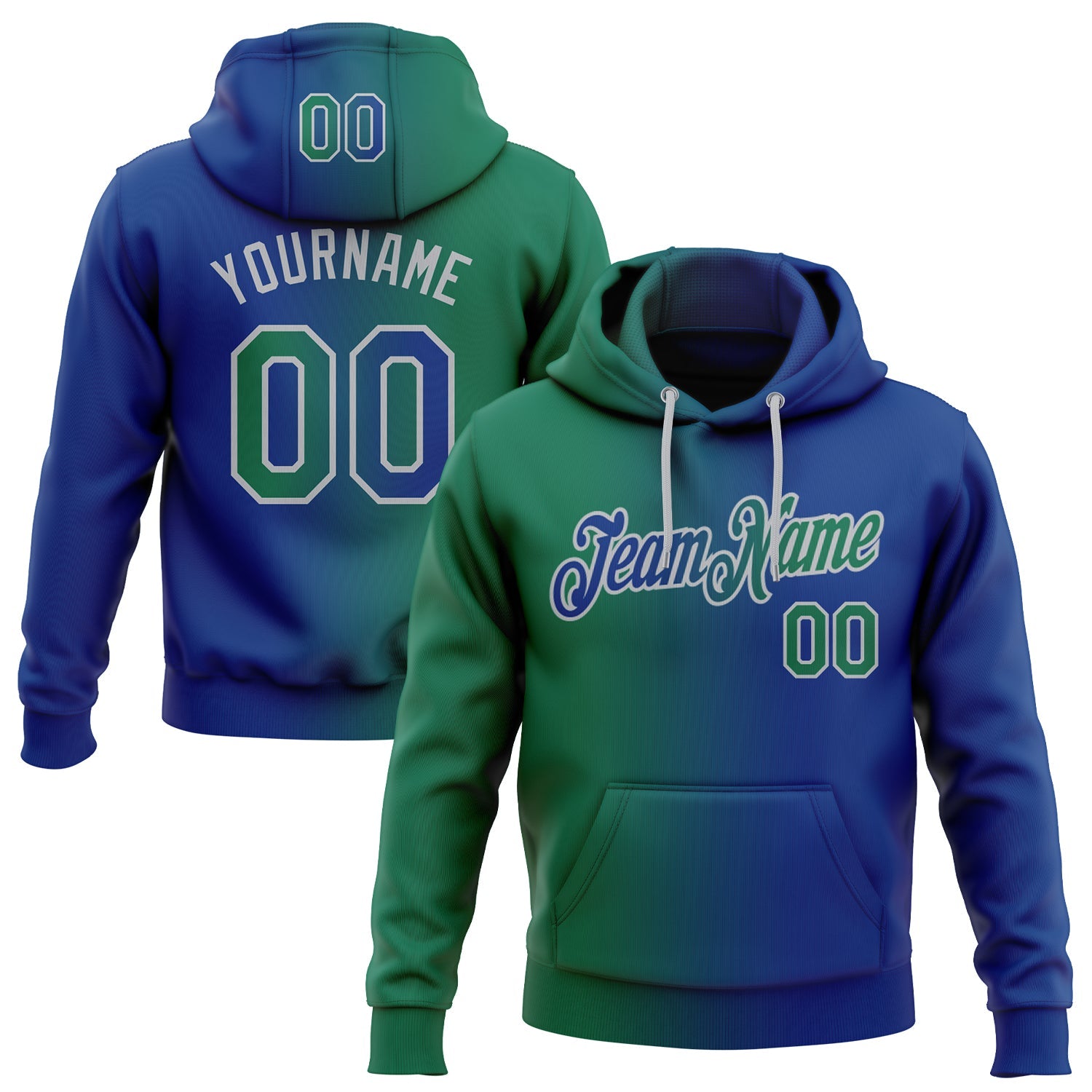 Custom Stitched Royal Kelly Green-Gray Gradient Fashion Sports Pullover Sweatshirt Hoodie - Main View