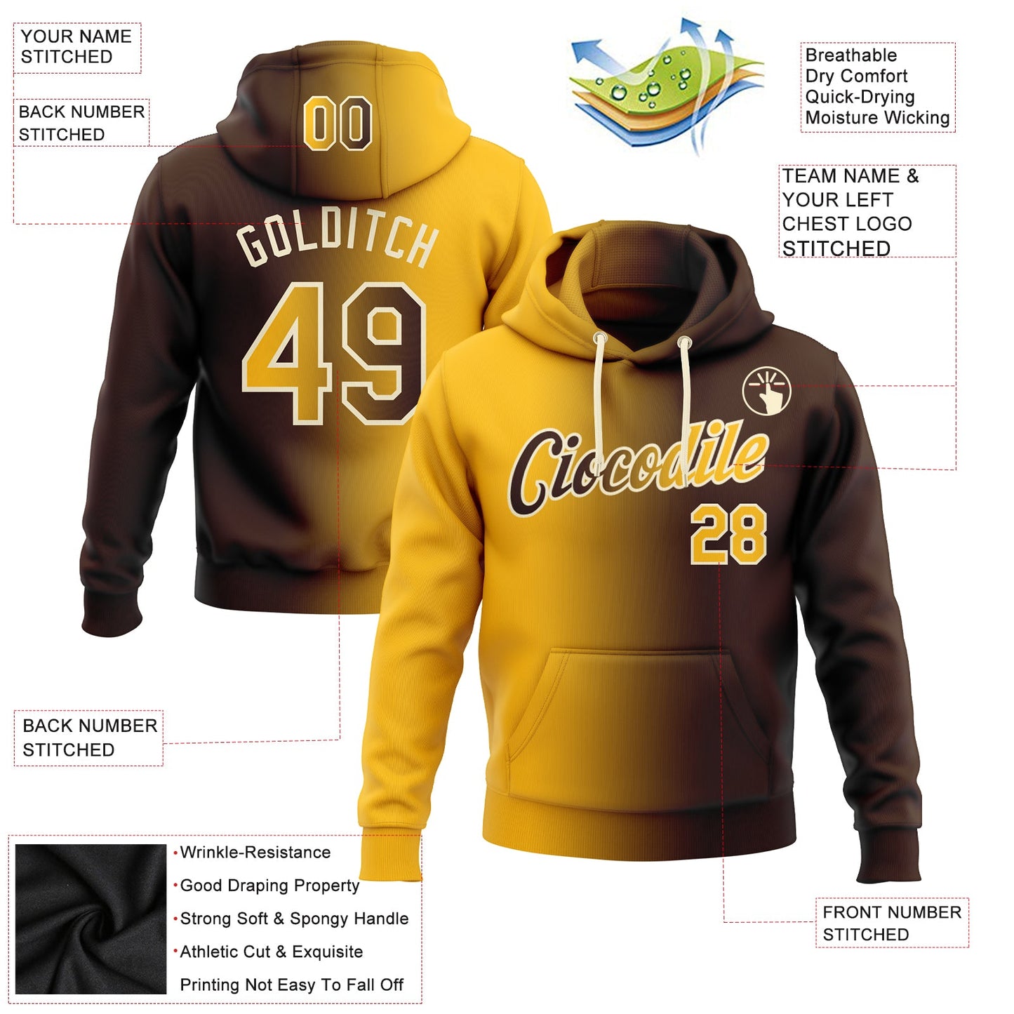 Custom Stitched Brown Gold-Cream Gradient Fashion Sports Pullover Sweatshirt Hoodie view 2