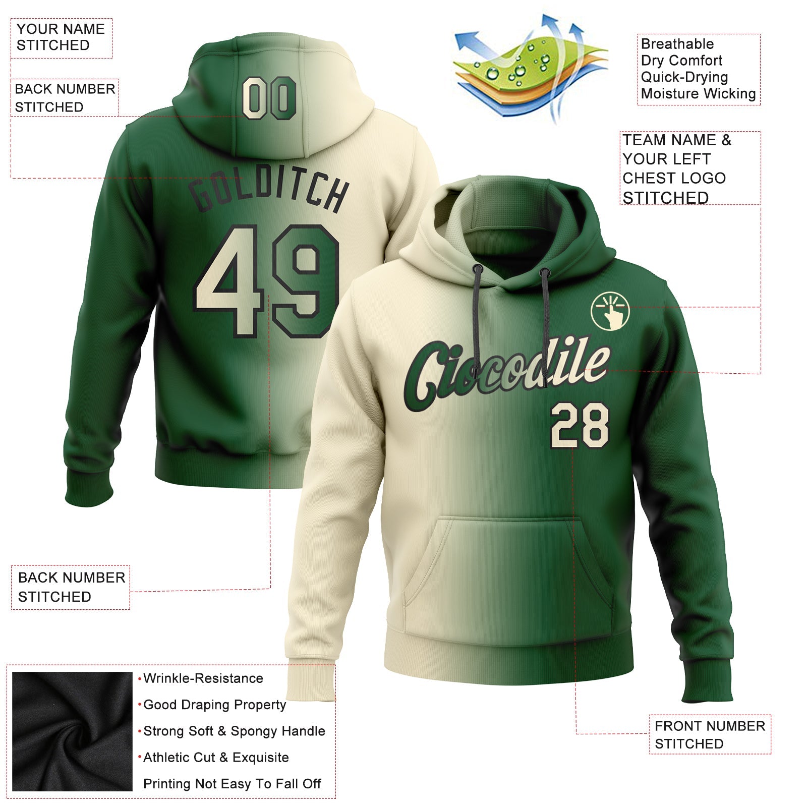 Custom Stitched Green Cream-Black Gradient Fashion Sports Pullover Sweatshirt Hoodie view 2
