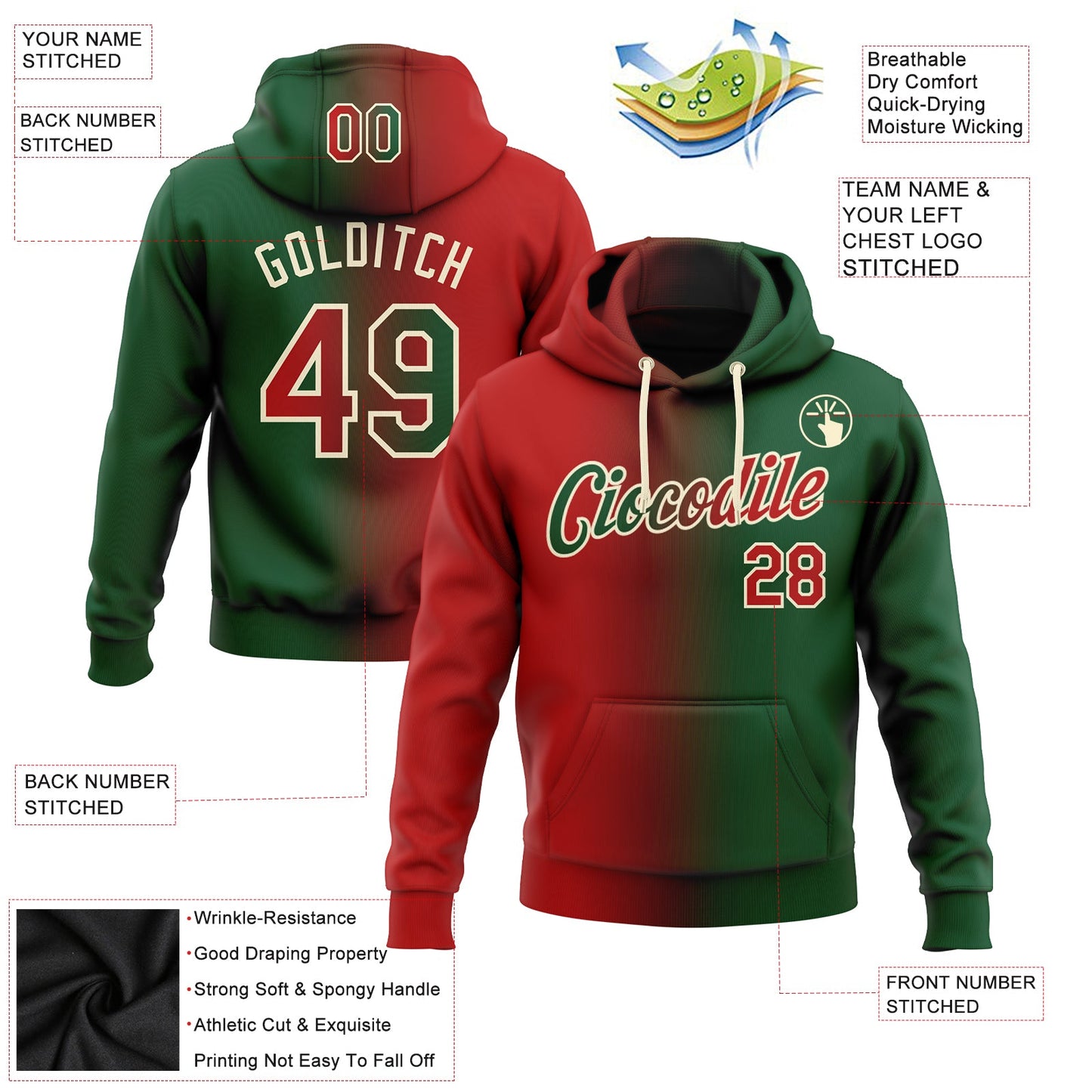 Custom Stitched Green Red-Cream Gradient Fashion Sports Pullover Sweatshirt Hoodie view 2