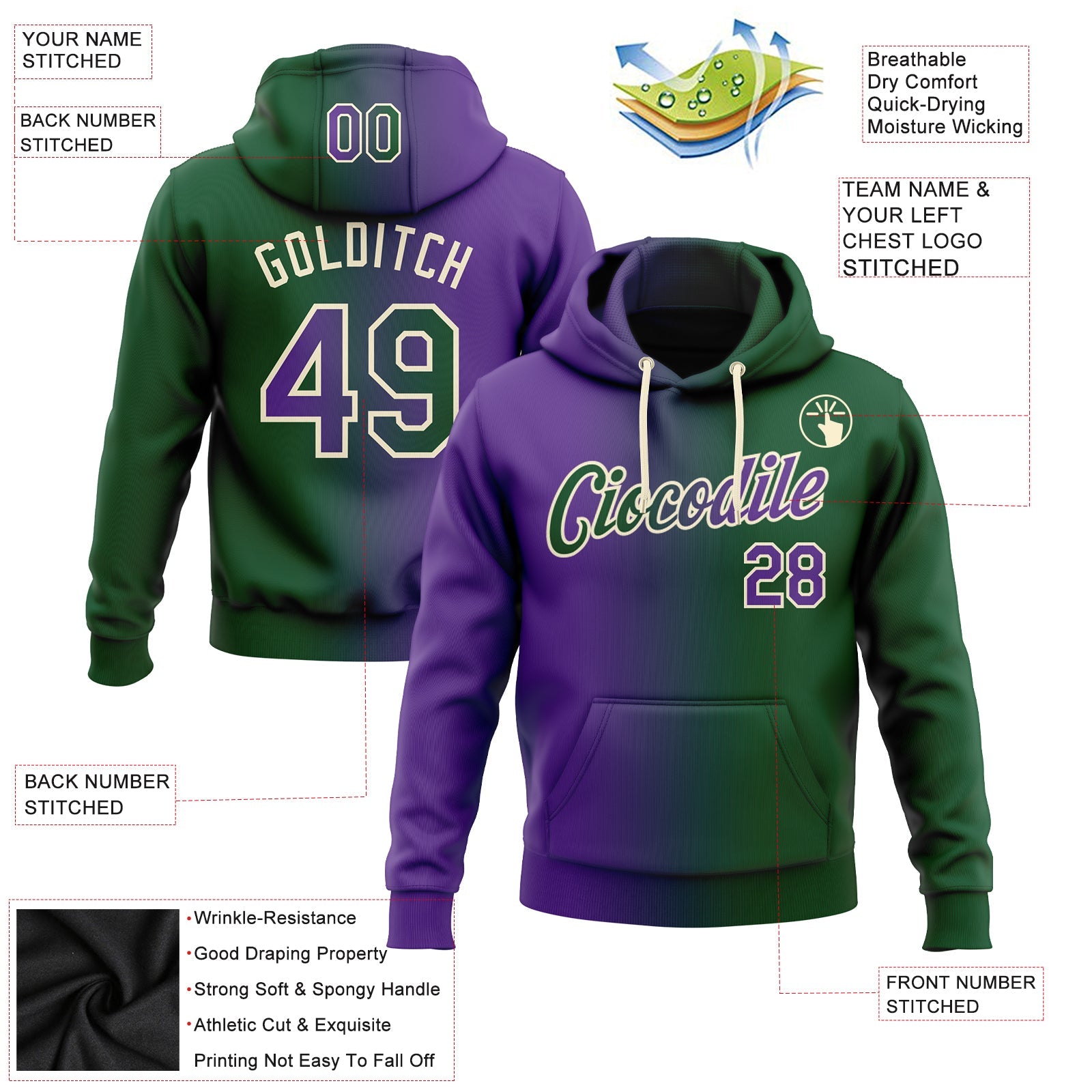Custom Stitched Green Purple-Cream Gradient Fashion Sports Pullover Sweatshirt Hoodie view 2