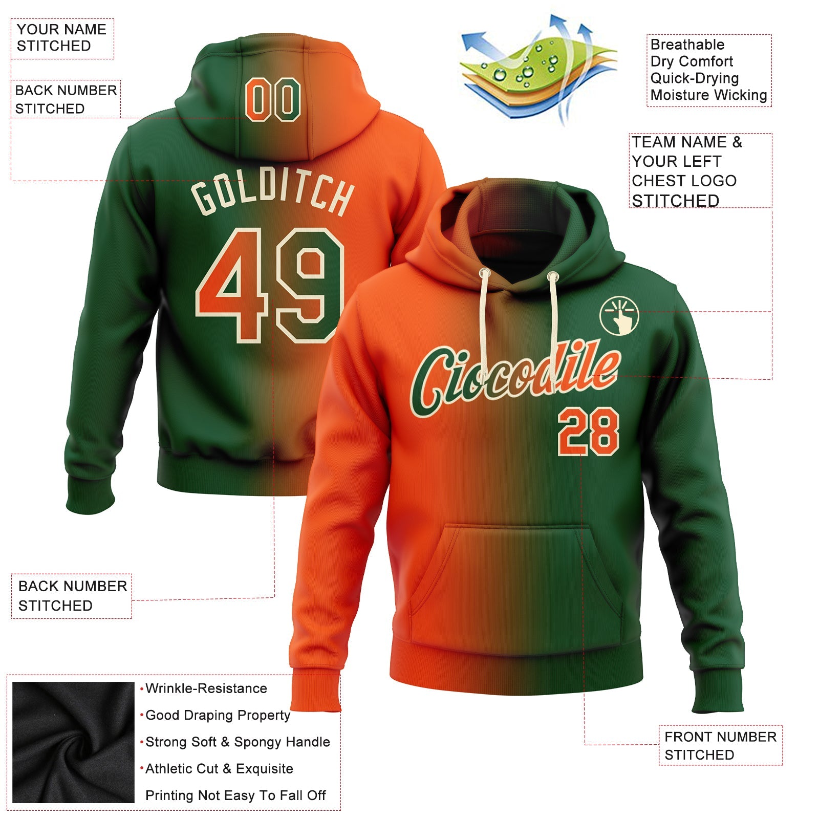 Custom Stitched Green Orange-Cream Gradient Fashion Sports Pullover Sweatshirt Hoodie view 2