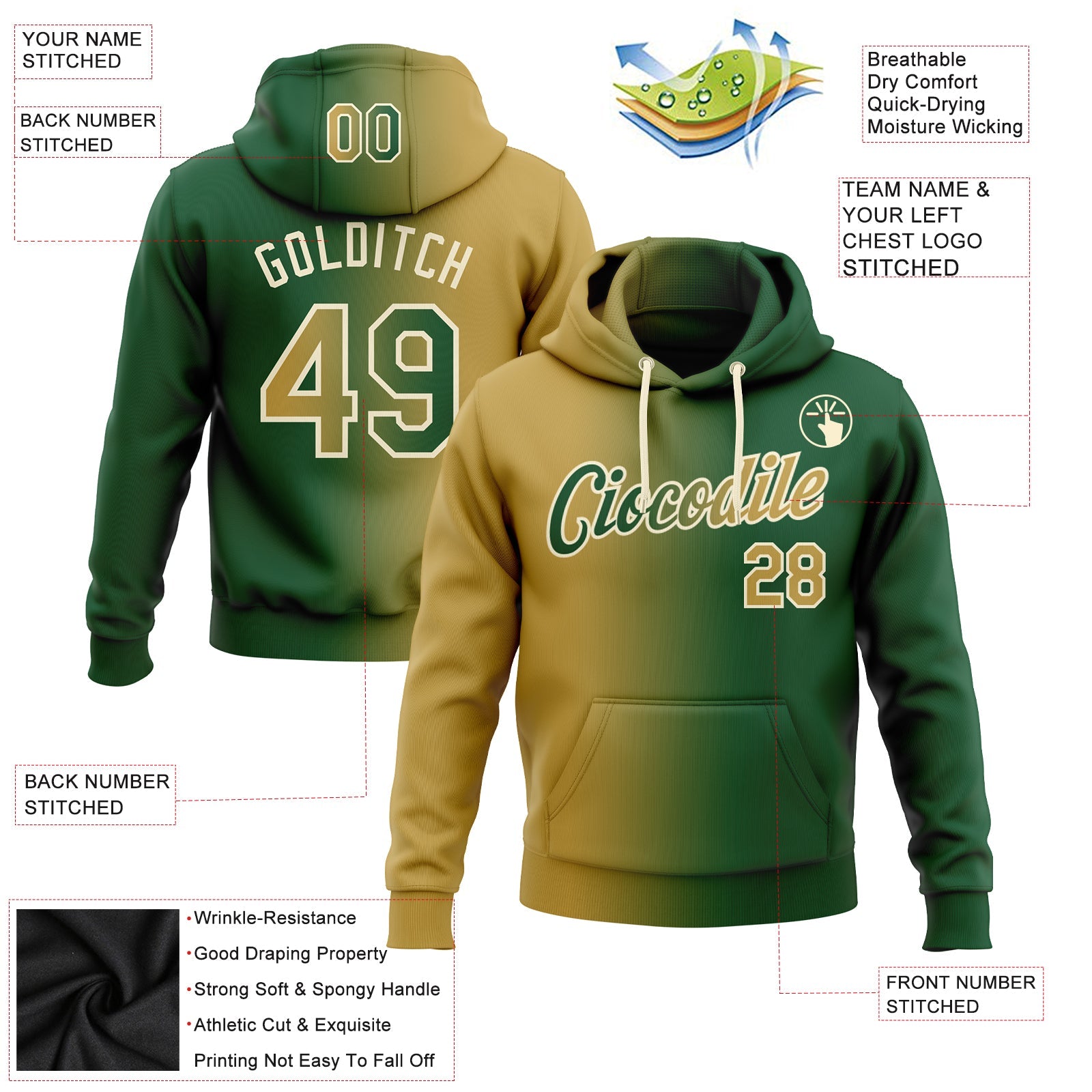 Custom Stitched Green Old Gold-Cream Gradient Fashion Sports Pullover Sweatshirt Hoodie view 3