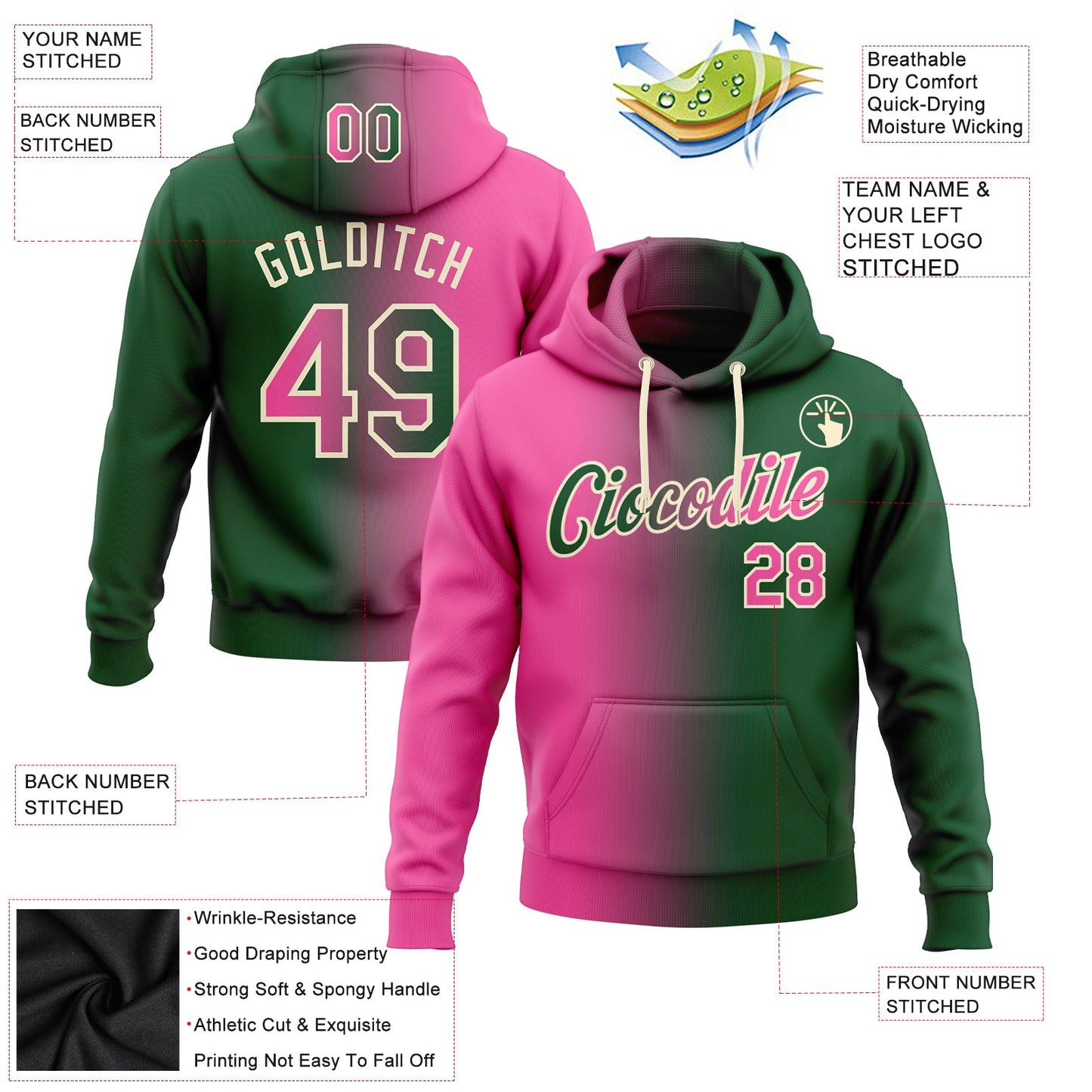 Custom Stitched Green Pink-Cream Gradient Fashion Sports Pullover Sweatshirt Hoodie view 2