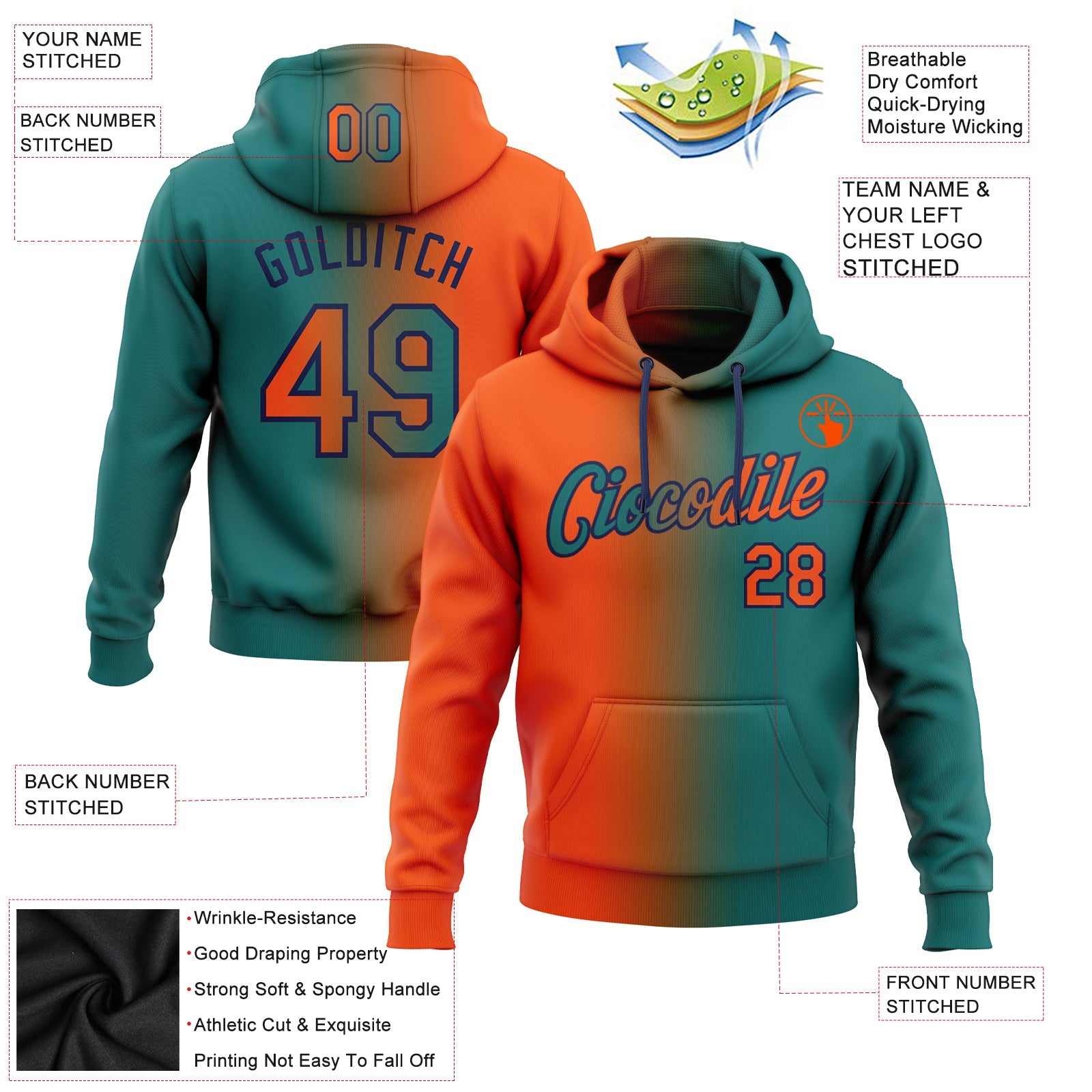 Custom Stitched Teal Orange-Navy Gradient Fashion Sports Pullover Sweatshirt Hoodie view 2