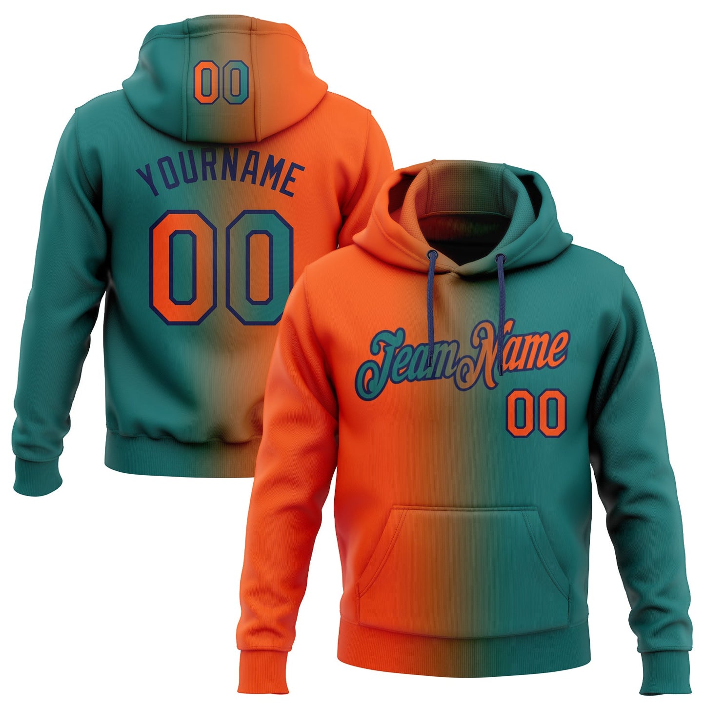 Custom Stitched Teal Orange-Navy Gradient Fashion Sports Pullover Sweatshirt Hoodie - Main View
