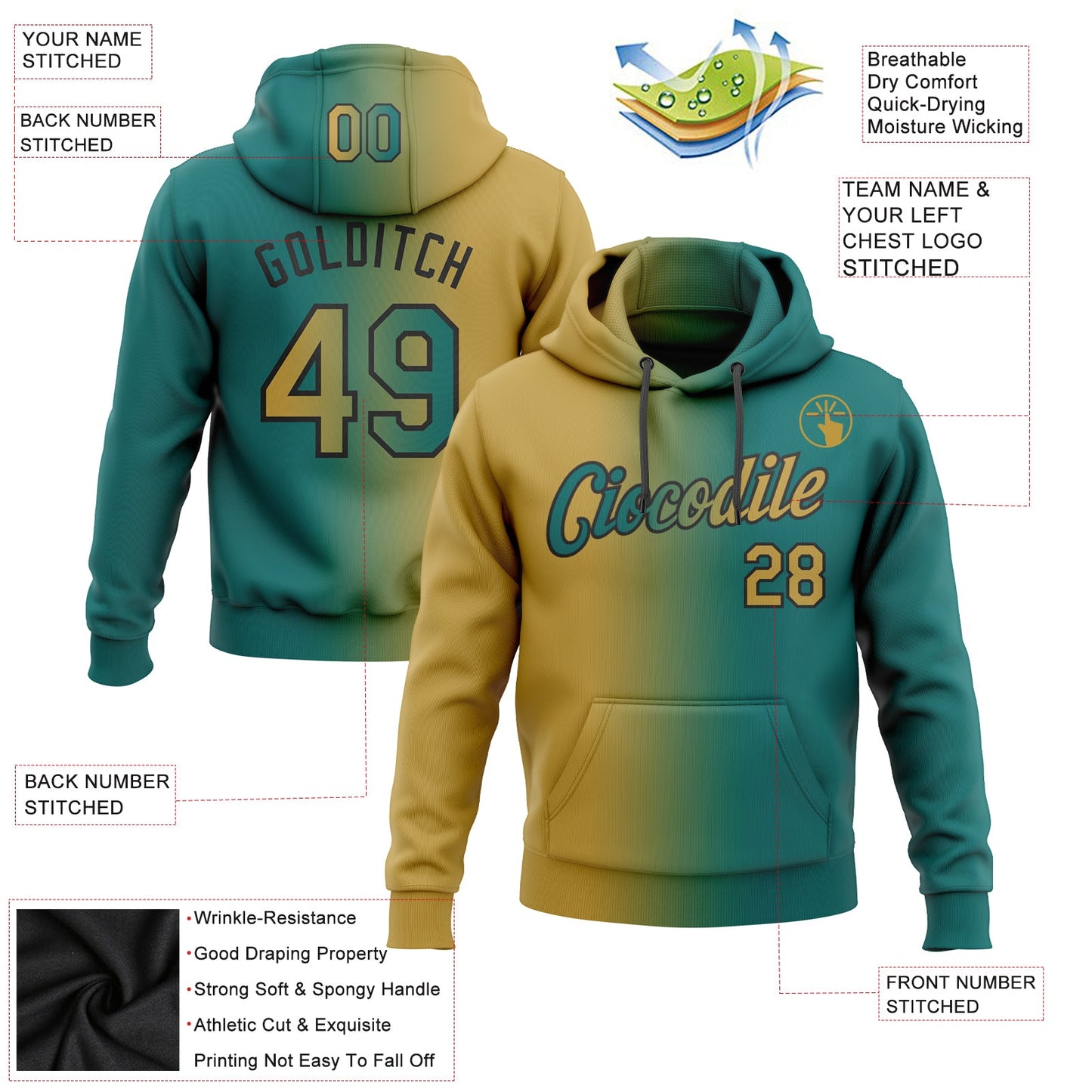 Custom Stitched Teal Old Gold-Black Gradient Fashion Sports Pullover Sweatshirt Hoodie view 2
