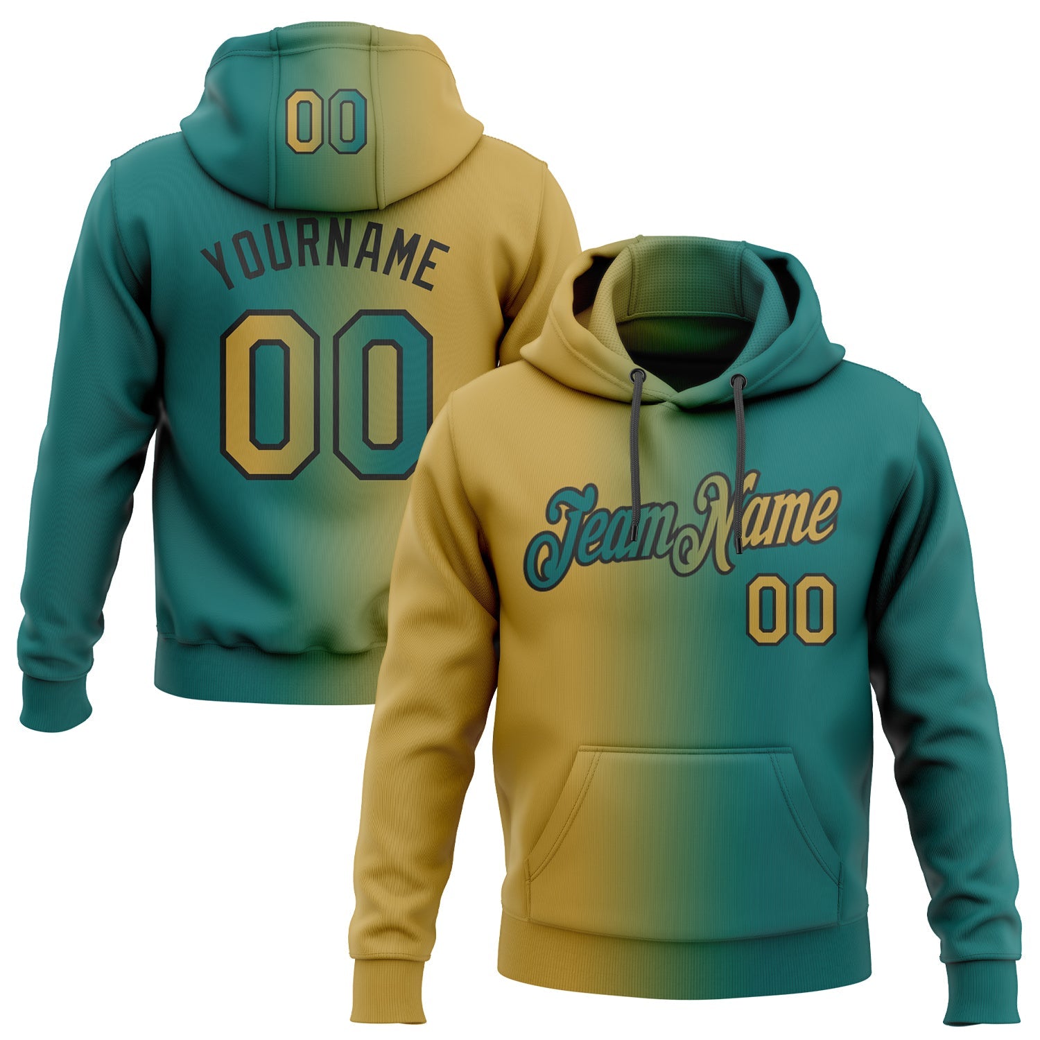 Custom Stitched Teal Old Gold-Black Gradient Fashion Sports Pullover Sweatshirt Hoodie - Main View