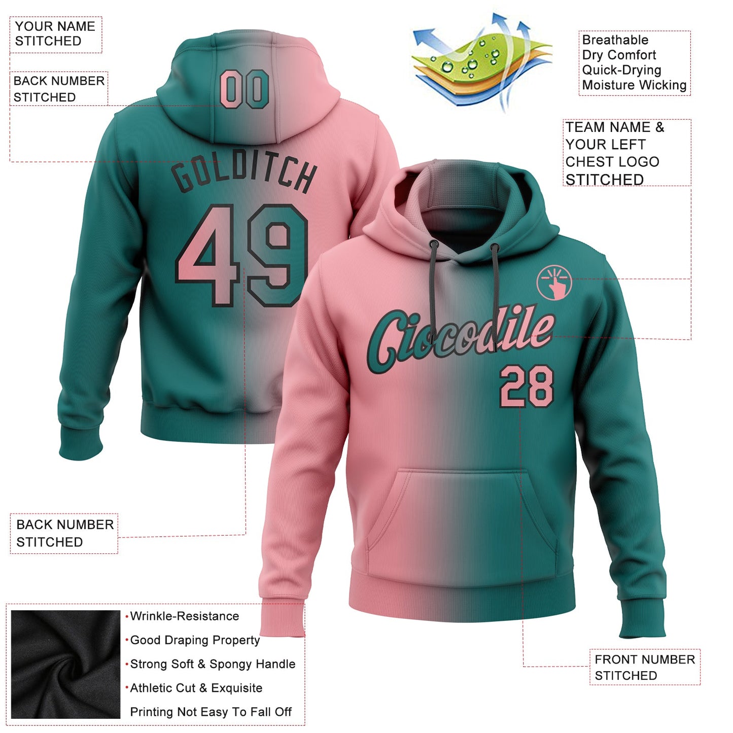Custom Stitched Teal Medium Pink-Black Gradient Fashion Sports Pullover Sweatshirt Hoodie view 2