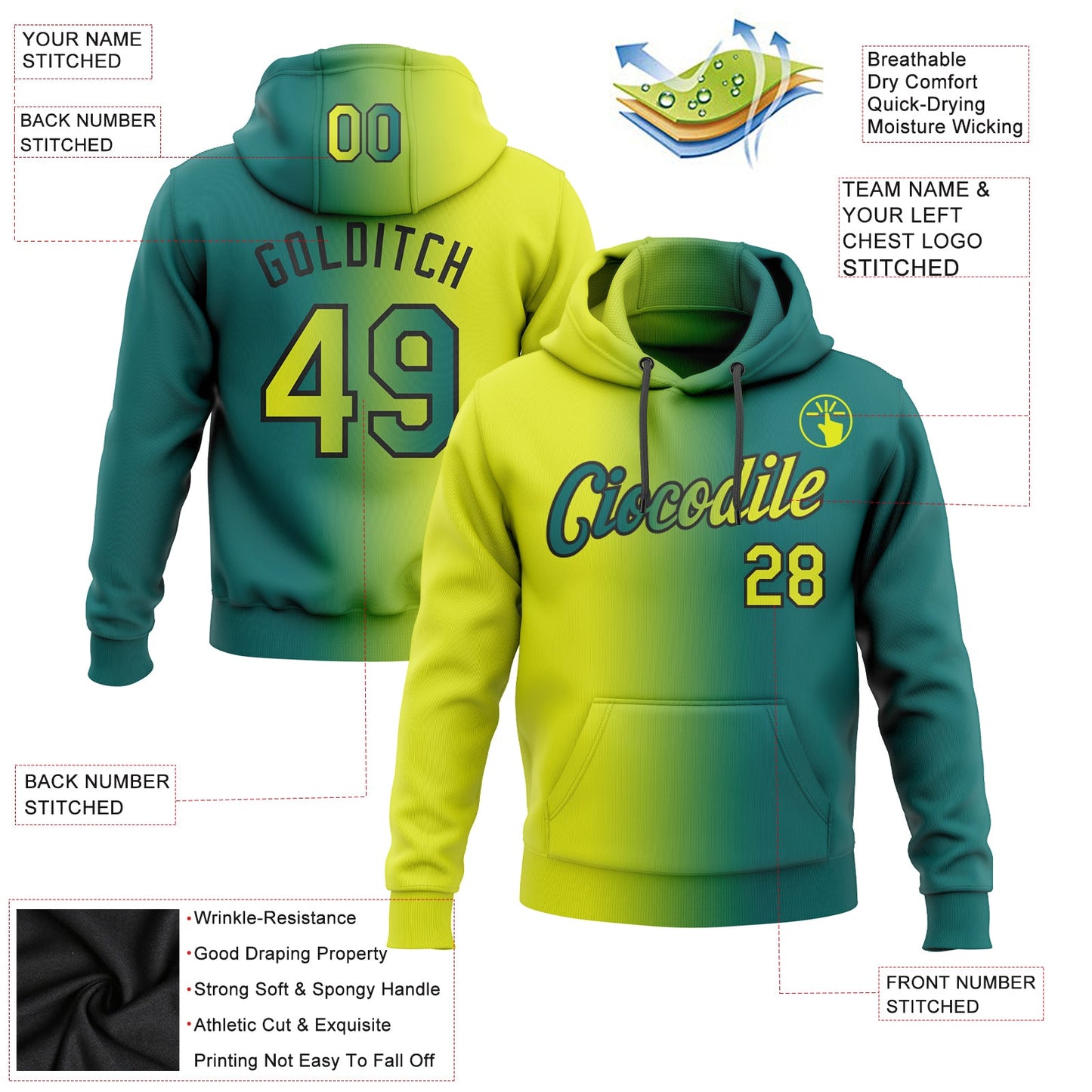 Custom Stitched Teal Neon Yellow-Black Gradient Fashion Sports Pullover Sweatshirt Hoodie view 2