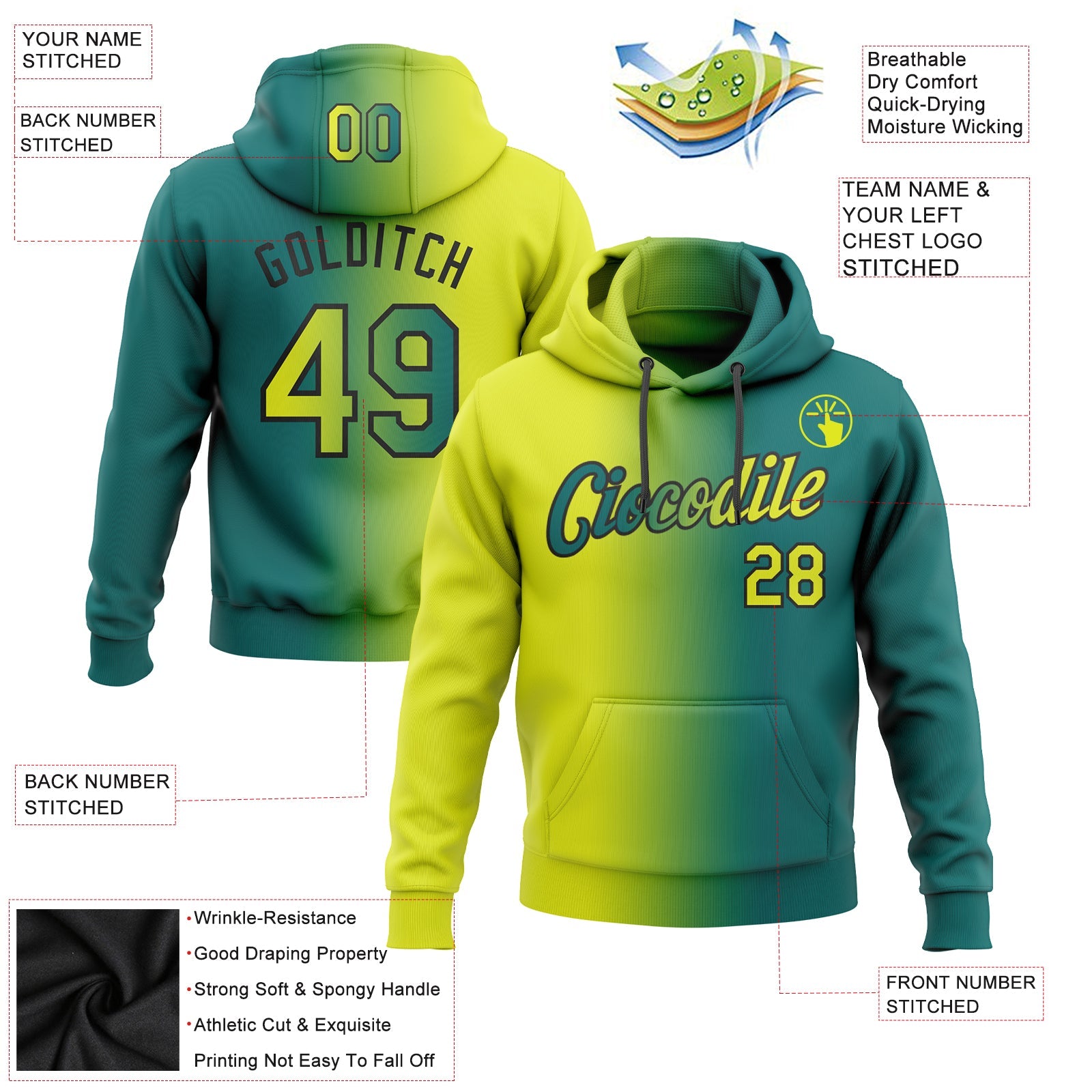 Custom Stitched Teal Neon Yellow-Black Gradient Fashion Sports Pullover Sweatshirt Hoodie view 2