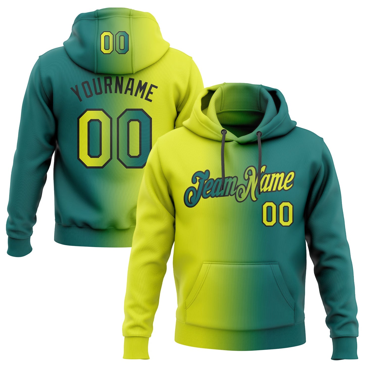 Custom Stitched Teal Neon Yellow-Black Gradient Fashion Sports Pullover Sweatshirt Hoodie - Main View