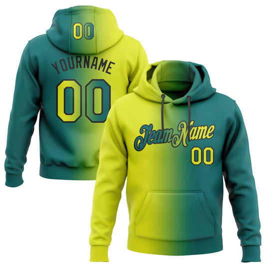Custom Stitched Teal Neon Yellow-Black Gradient Fashion Sports Pullover Sweatshirt Hoodie - Main View