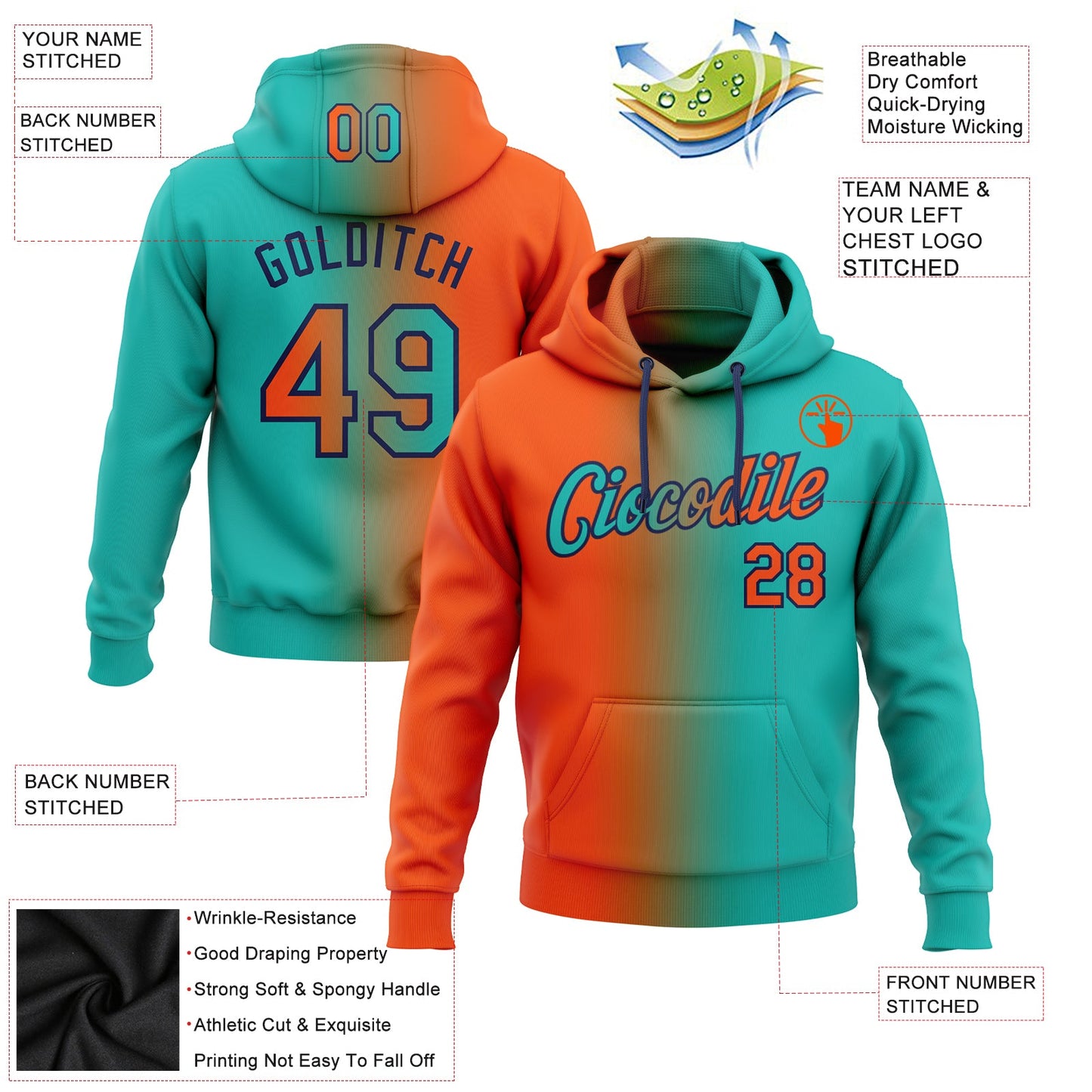 Custom Stitched Aqua Orange-Navy Gradient Fashion Sports Pullover Sweatshirt Hoodie view 2
