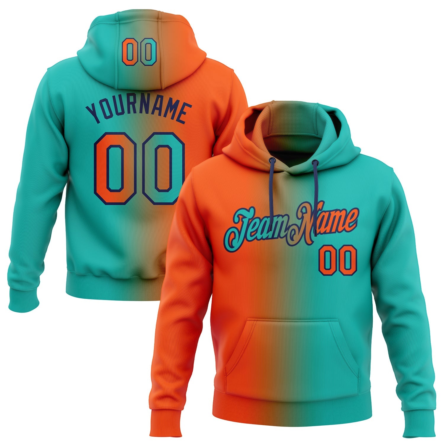 Custom Stitched Aqua Orange-Navy Gradient Fashion Sports Pullover Sweatshirt Hoodie - Main View