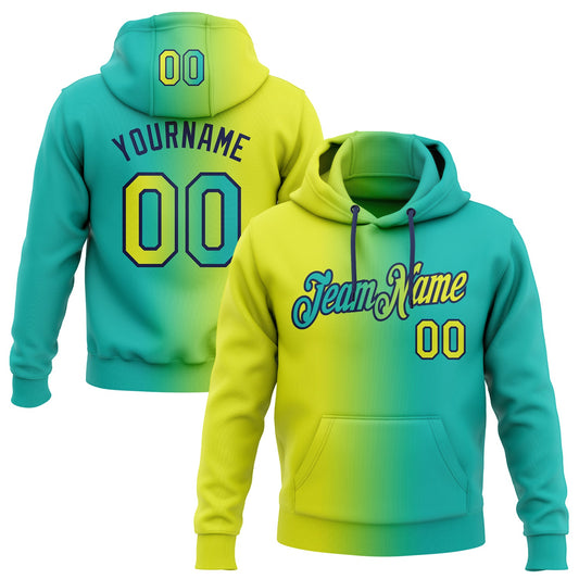 Custom Stitched Aqua Neon Yellow-Navy Gradient Fashion Sports Pullover Sweatshirt Hoodie - Main View