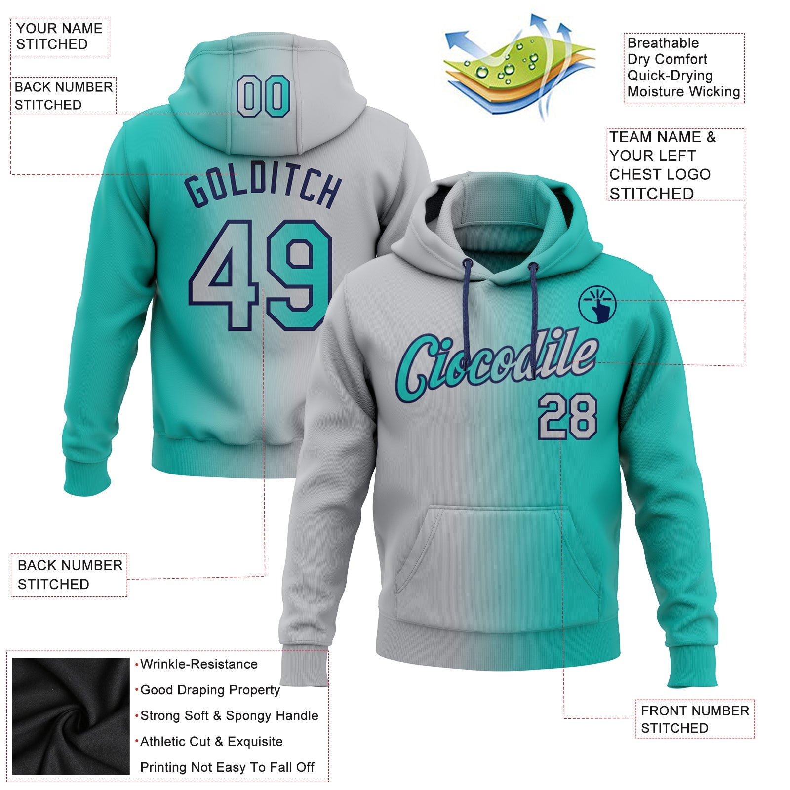 Custom Stitched Aqua Gray-Navy Gradient Fashion Sports Pullover Sweatshirt Hoodie view 2