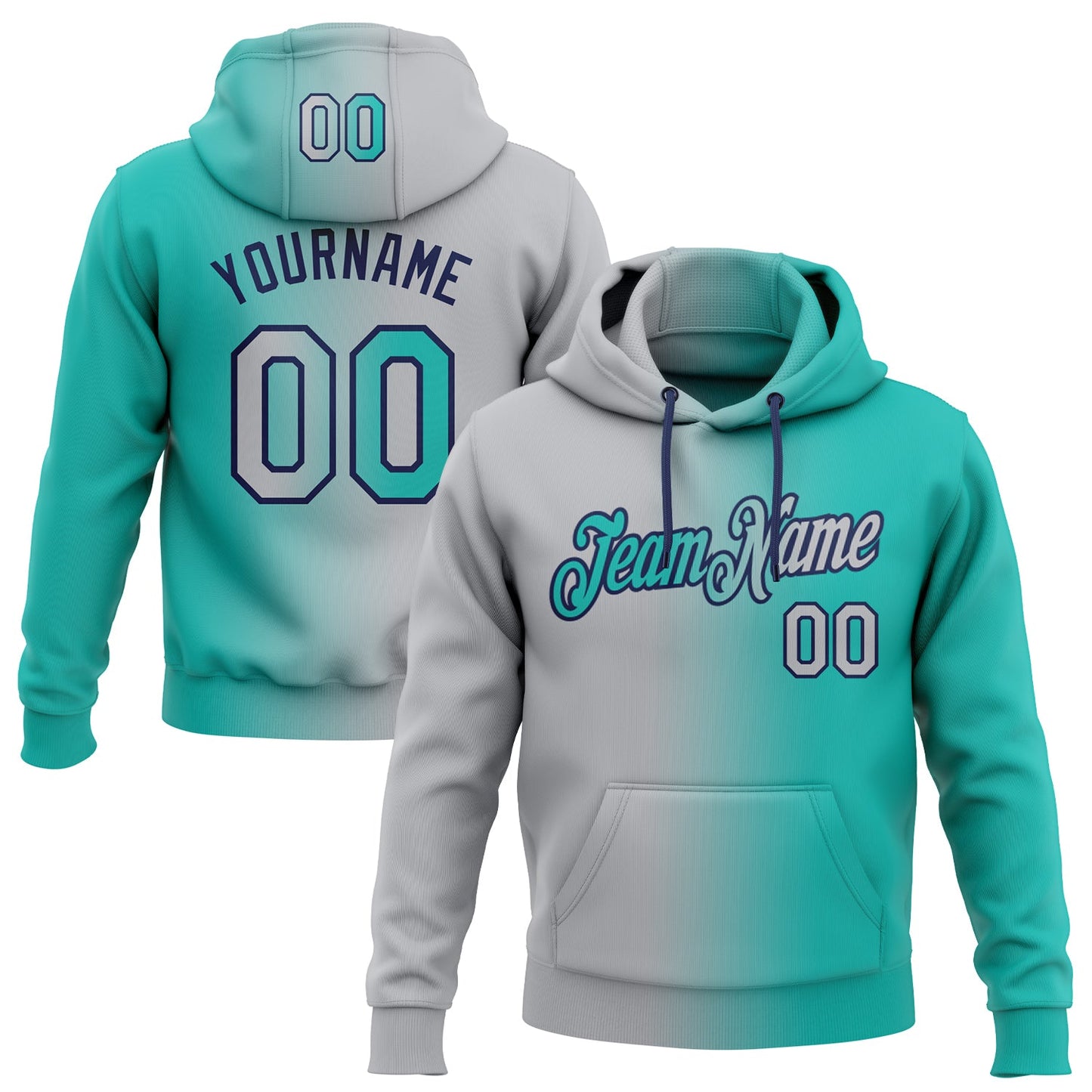 Custom Stitched Aqua Gray-Navy Gradient Fashion Sports Pullover Sweatshirt Hoodie - Main View