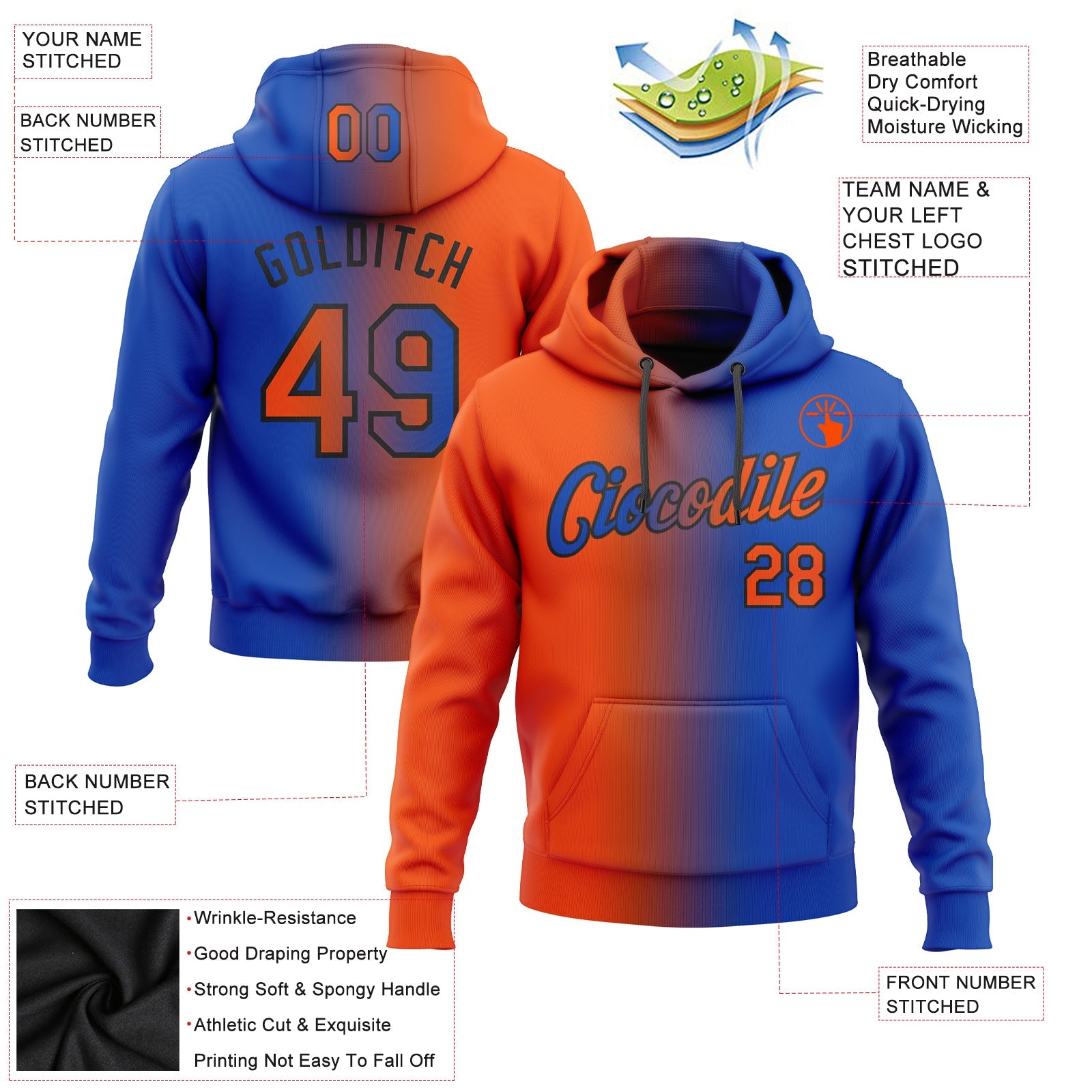 Custom Stitched Thunder Blue Orange-Black Gradient Fashion Sports Pullover Sweatshirt Hoodie view 2