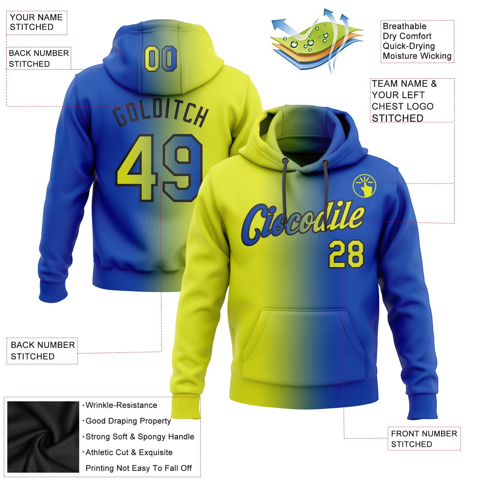 Custom Stitched Thunder Blue Neon Yellow-Black Gradient Fashion Sports Pullover Sweatshirt Hoodie view 2