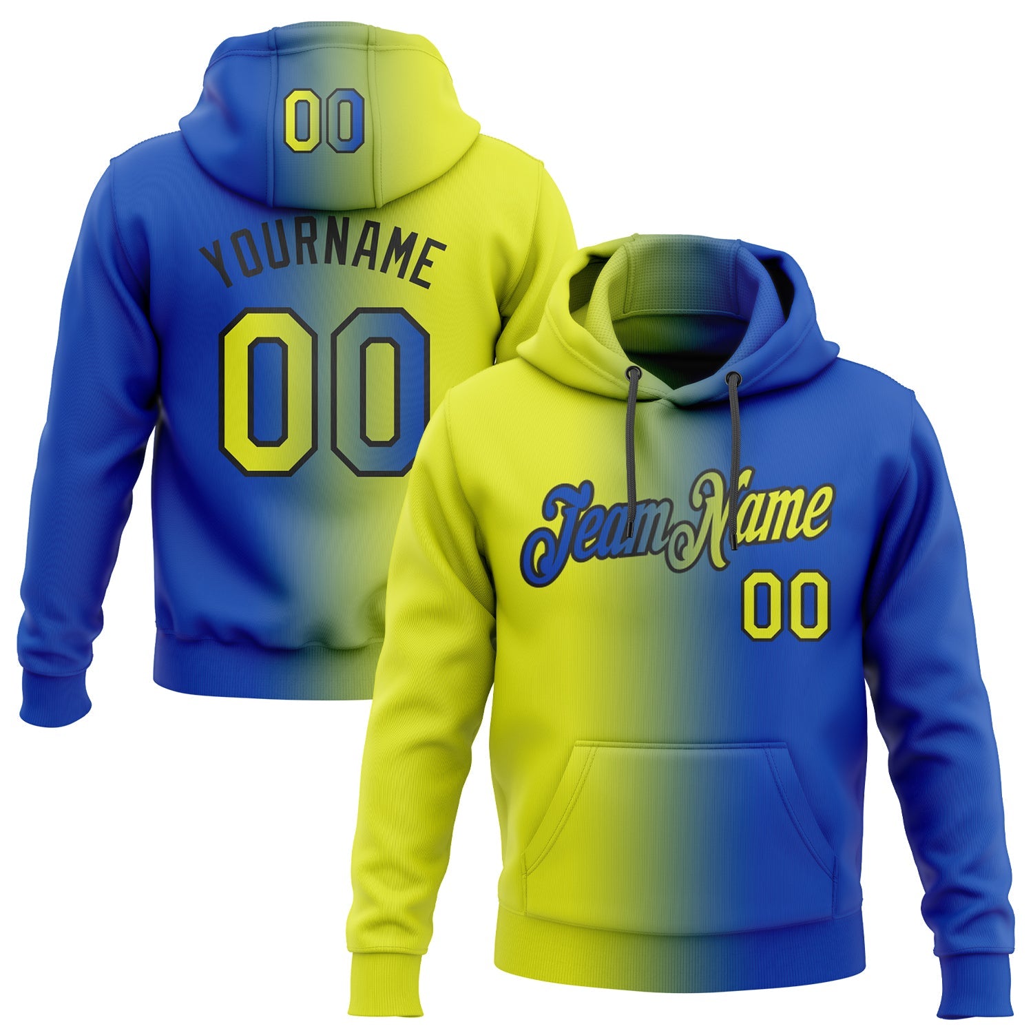 Custom Stitched Thunder Blue Neon Yellow-Black Gradient Fashion Sports Pullover Sweatshirt Hoodie - Main View