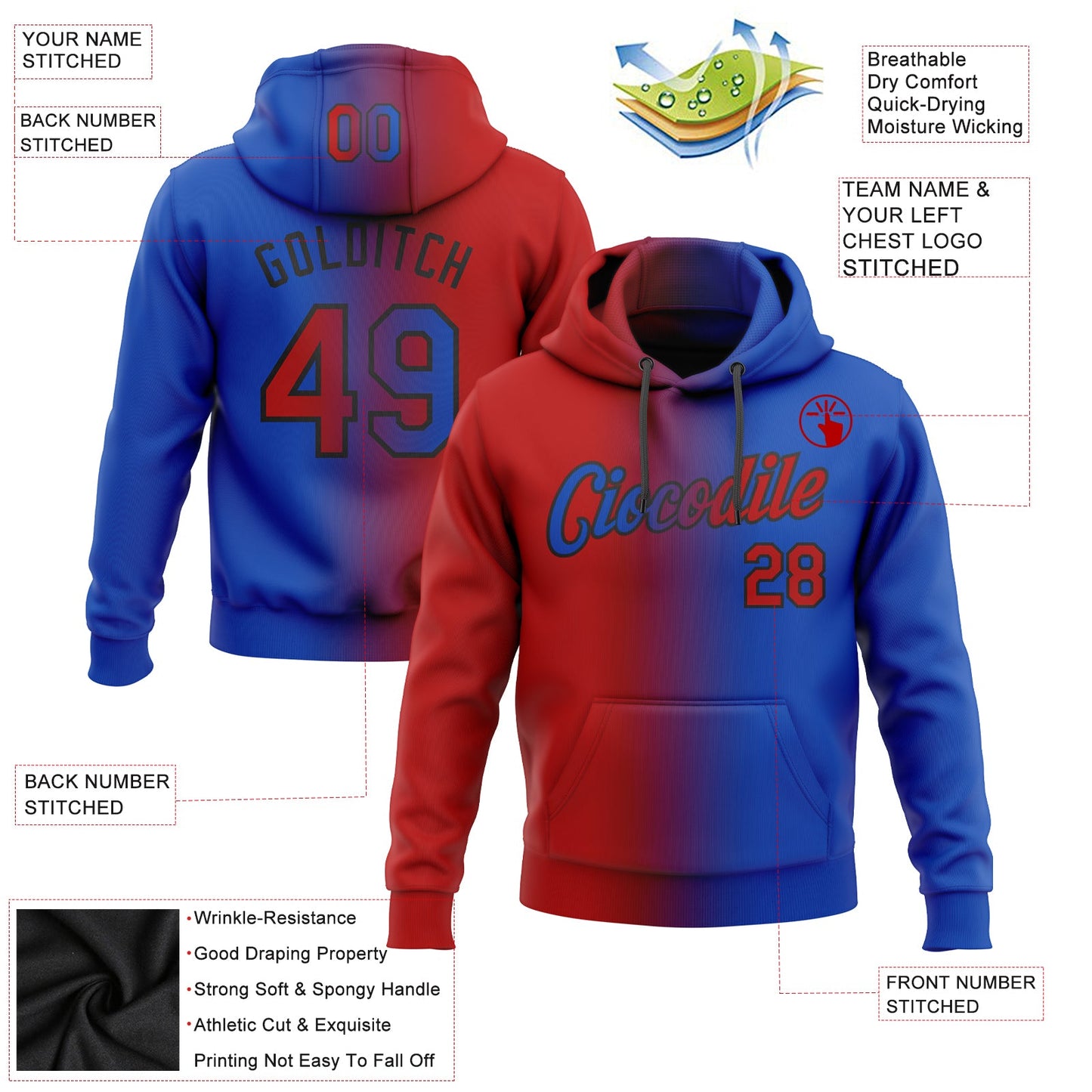 Custom Stitched Thunder Blue Red-Black Gradient Fashion Sports Pullover Sweatshirt Hoodie view 2