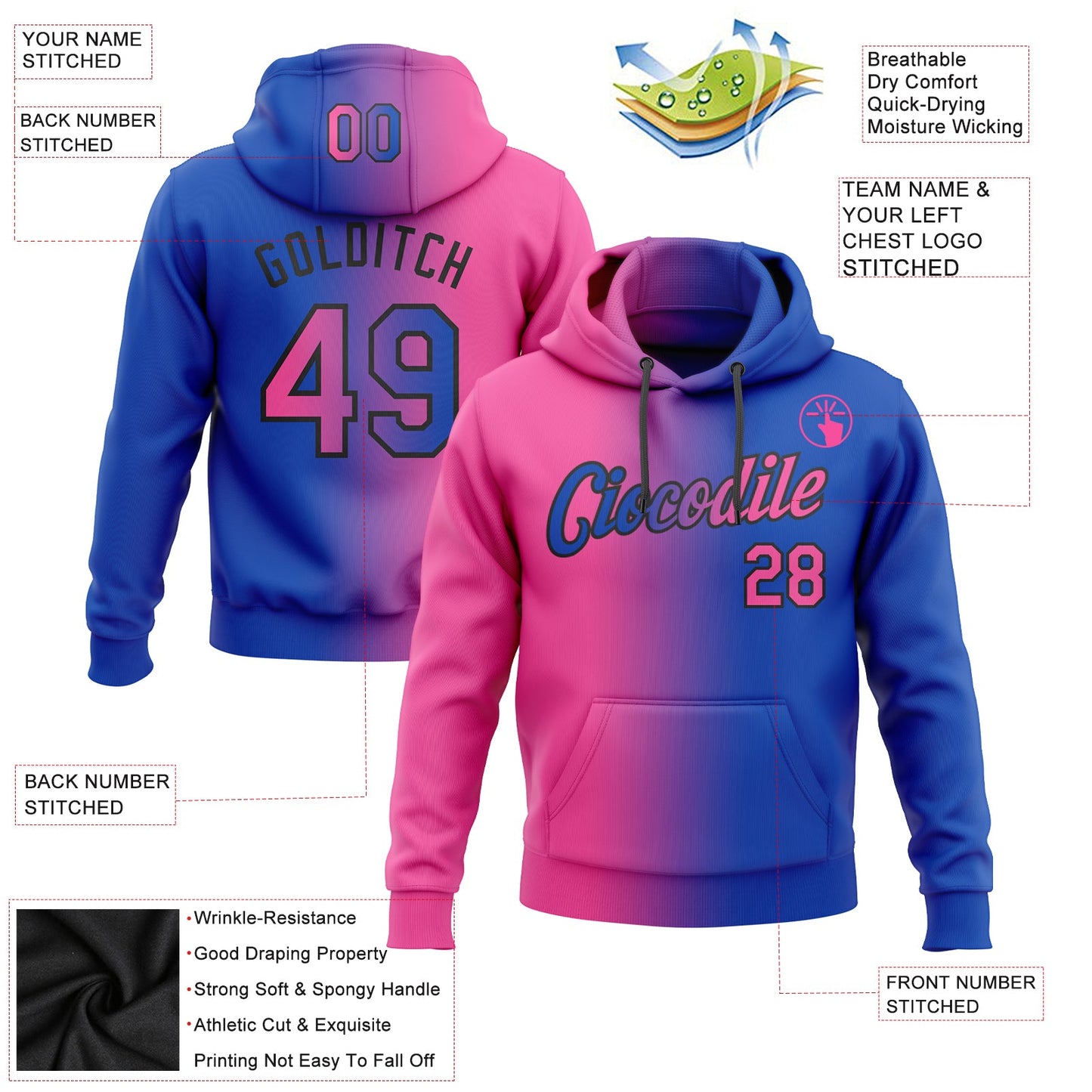 Custom Stitched Thunder Blue Pink-Black Gradient Fashion Sports Pullover Sweatshirt Hoodie view 2