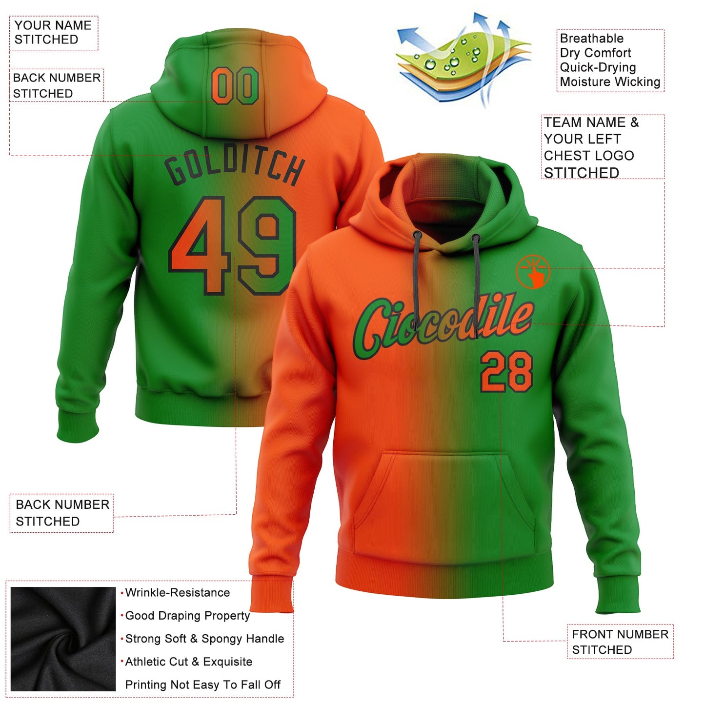 Custom Stitched Grass Green Orange-Black Gradient Fashion Sports Pullover Sweatshirt Hoodie view 2