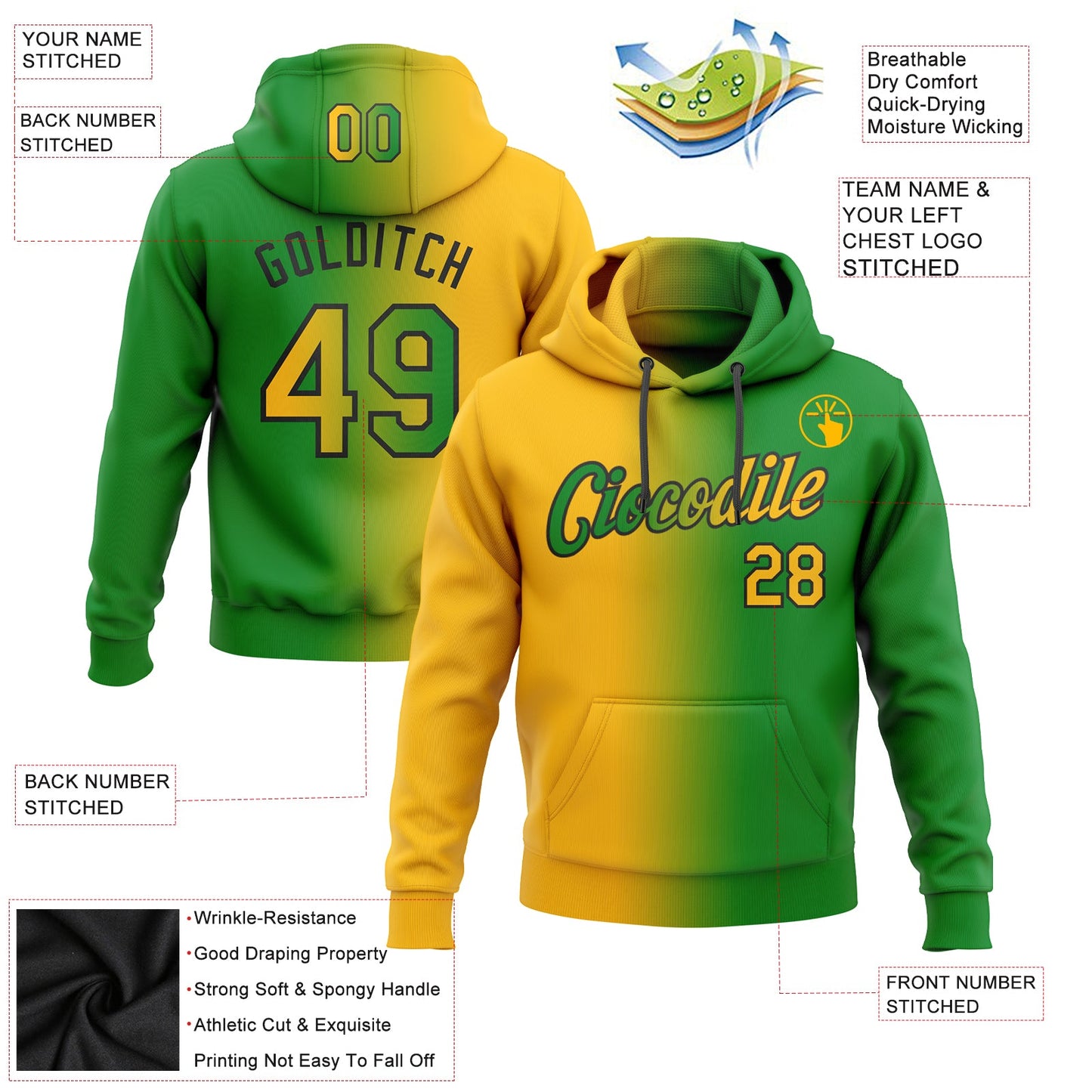 Custom Stitched Grass Green Gold-Black Gradient Fashion Sports Pullover Sweatshirt Hoodie view 2