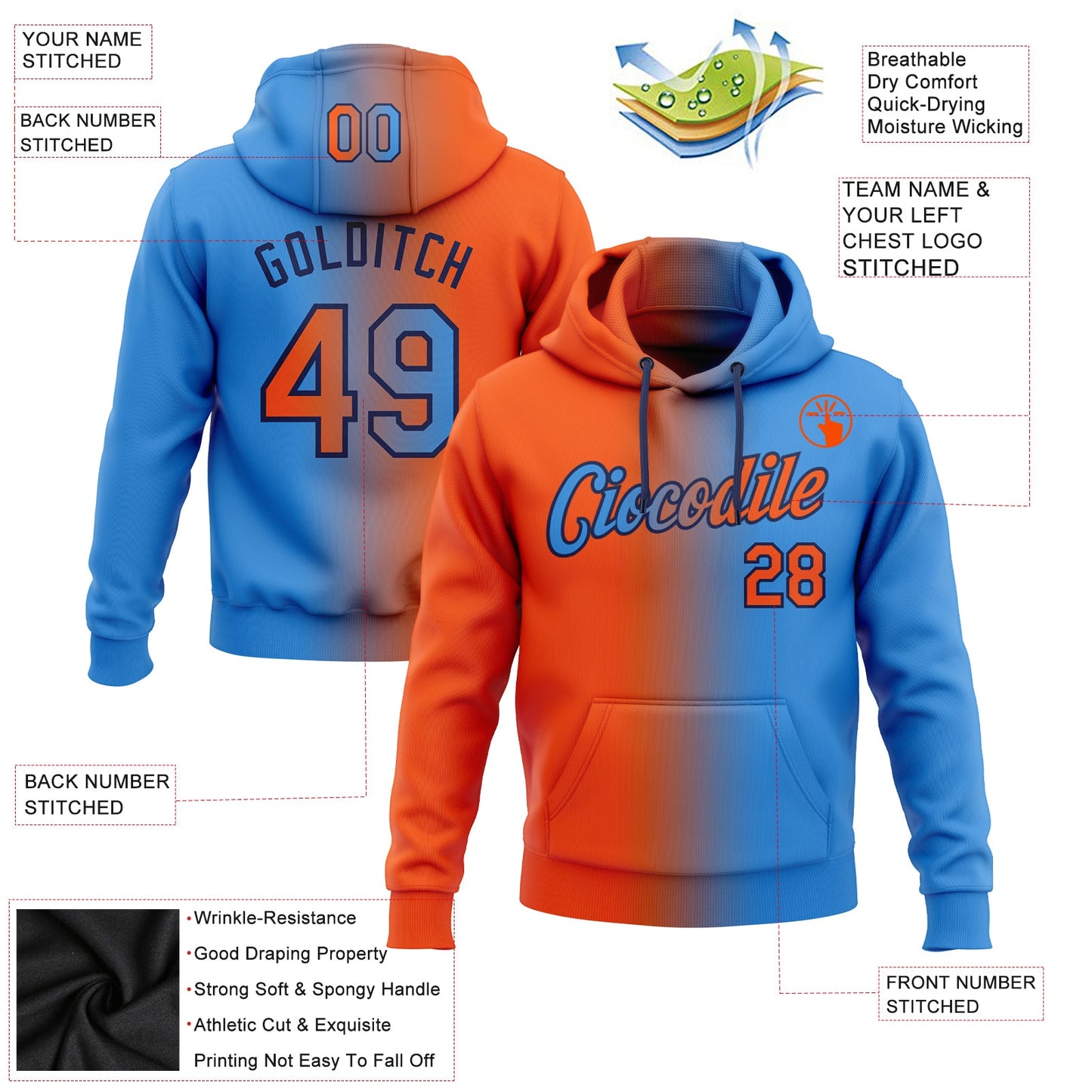 Custom Stitched Powder Blue Orange-Black Gradient Fashion Sports Pullover Sweatshirt Hoodie view 2