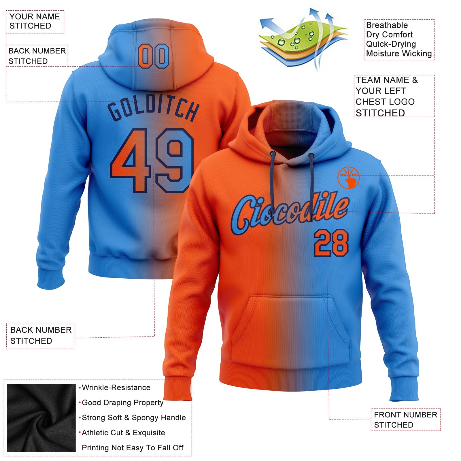 Custom Stitched Powder Blue Orange-Black Gradient Fashion Sports Pullover Sweatshirt Hoodie view 2
