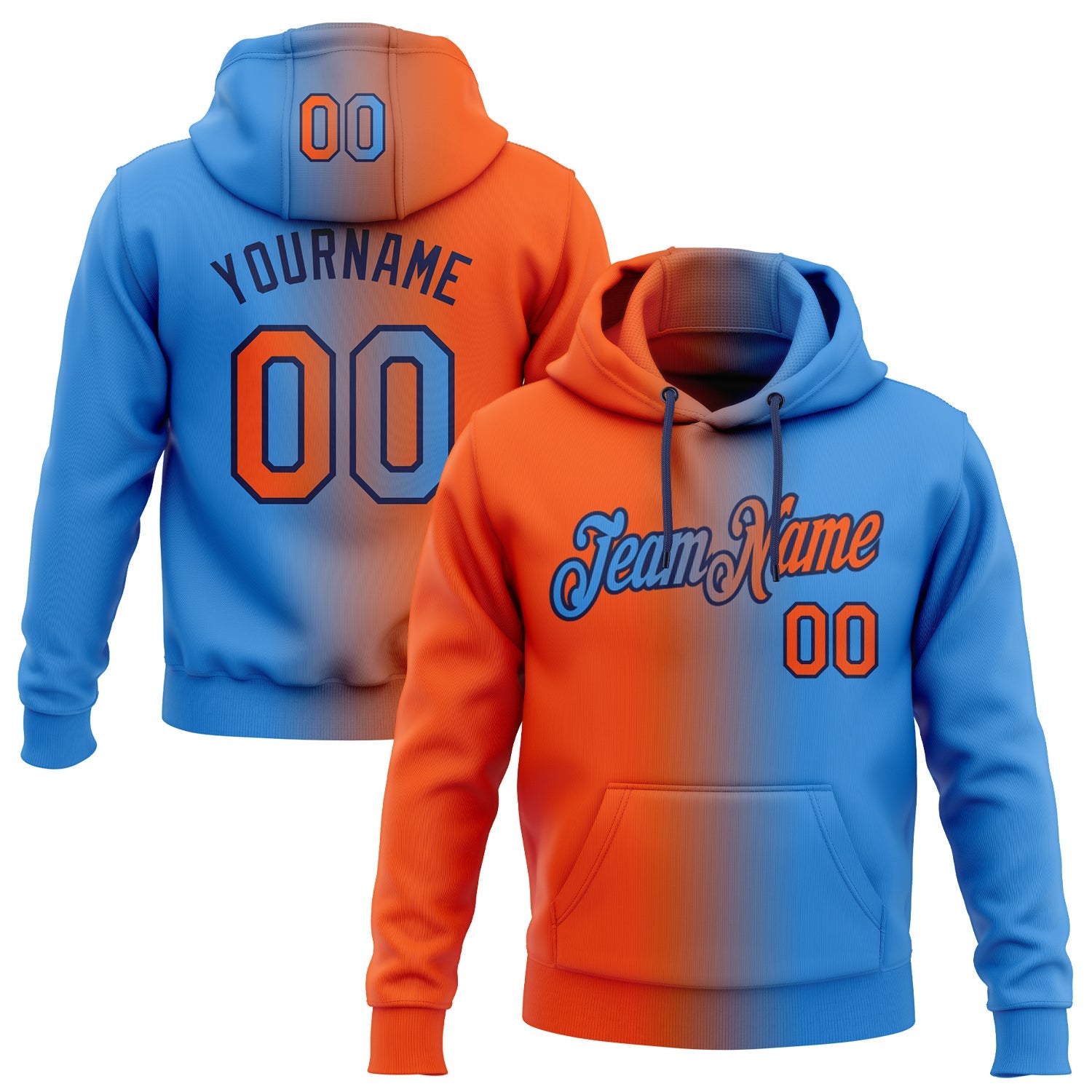 Custom Stitched Powder Blue Orange-Black Gradient Fashion Sports Pullover Sweatshirt Hoodie - Main View